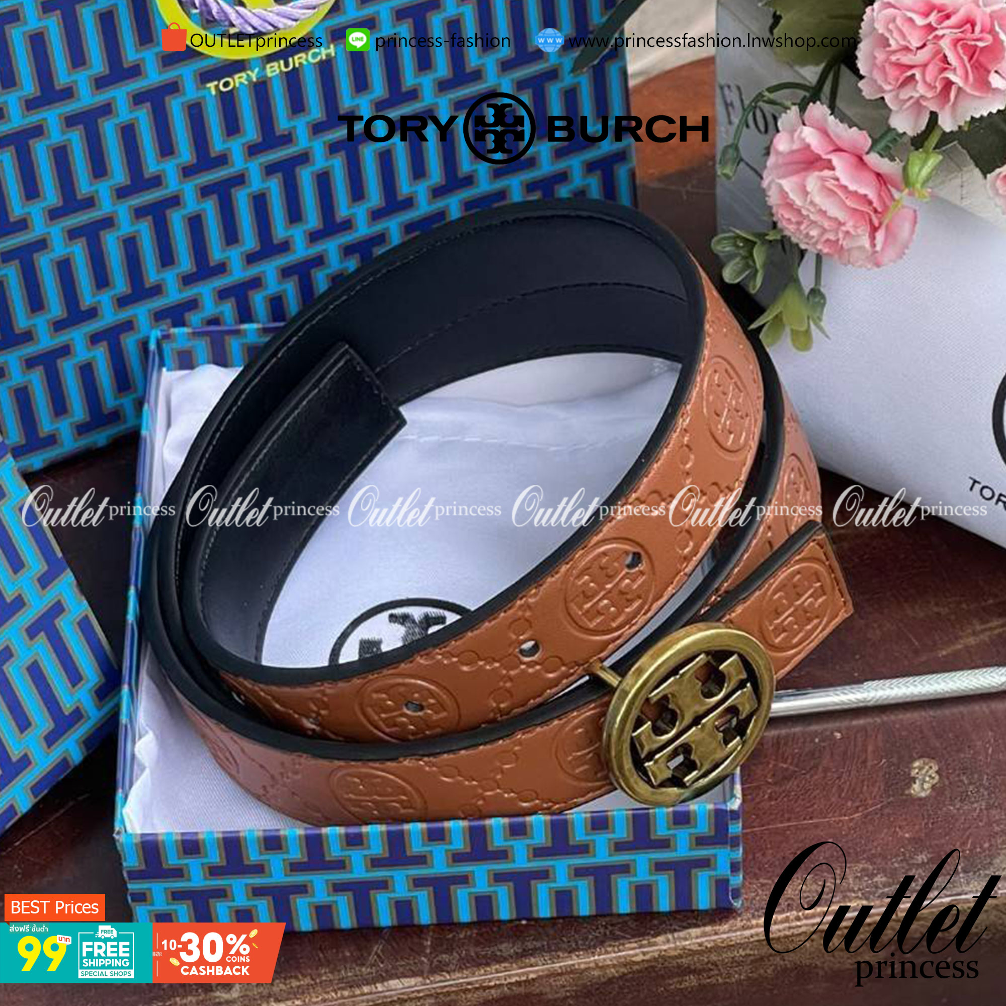 Tory burch Midnight with Tag Logo Monogram Embossed Leather Belt เป็นเข็มขัดที่ตอบโจทย์ของคุณได้อย่างลงตัวทุกสไตล์การแต่งตัว ไม่ว่าจะใส่คู่กับเดรสหรือกางเกงยีนส์ก็ดูดีทีเดียว เพราะหัวเข็มขัดโดดเด่นด้วยดีไซน์ทรงกลมรูป Double T ที่เป็นสัญลักษณ์ประจำแบรนด์ ส