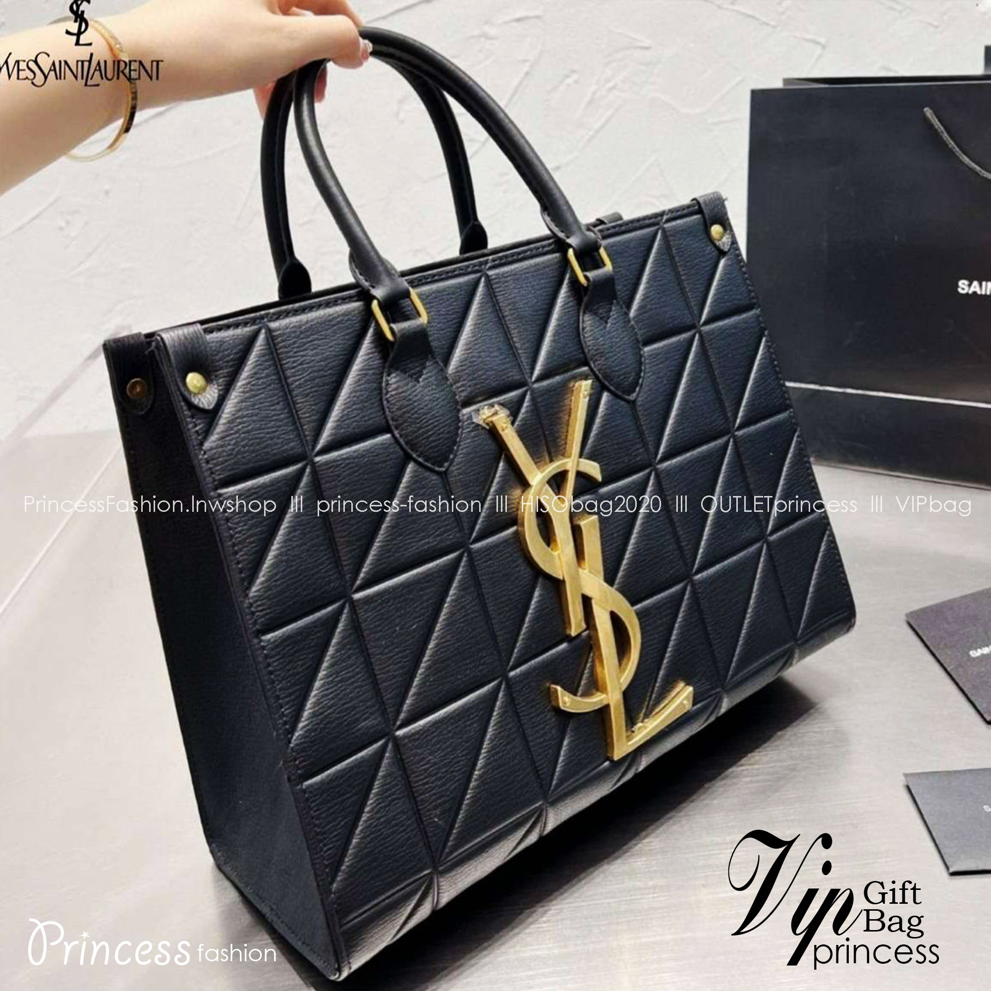 YSL Shopping Bag / YSL TOTE BAG กระเป๋าถือทรงช็อปปิ้งงานสวยอยู่ทรง หนังลายตารางหน้าโลโก้โดดเด่นอะไหล่สีทองสวยหรู