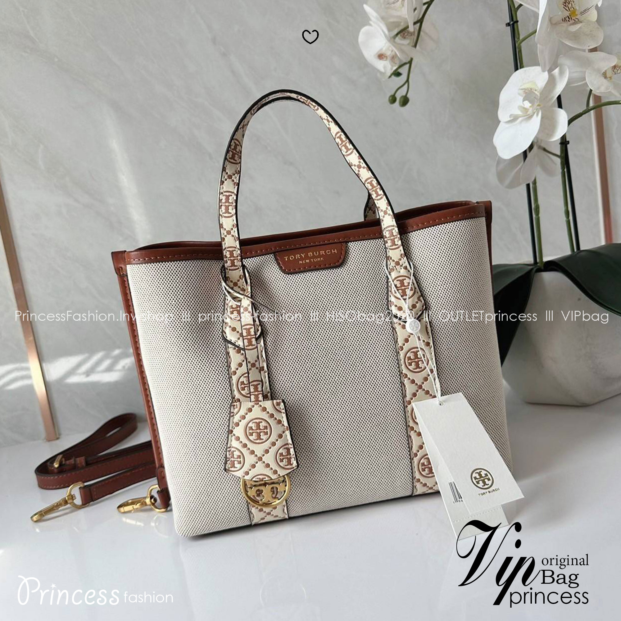 TORY BURCH small Perry canvas tote bag กระเป๋าคล้องแขนและสะพายไหล่ทรงโท้ท คอลเลคชั่นใหม่ล่าสุด สวยหรูลุคคุณนาย