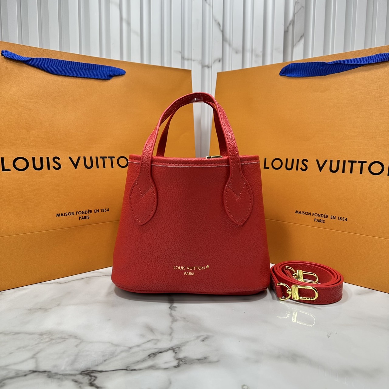 ORI หนังแท้ | LV x TM - Neverfull Inside Out BB Bag Monogram cherry denim กระเป๋าสะพายทรงโท้ทใบเล็ก ไอเท็มโดดเด่นมีชีวิตชีวา เดนิมปักลายเชอร์รี่สีสันสดใสสะดุดตาสะท้อนสไตล์ไอคอนิกของศิลปินชาวญี่ปุ่น