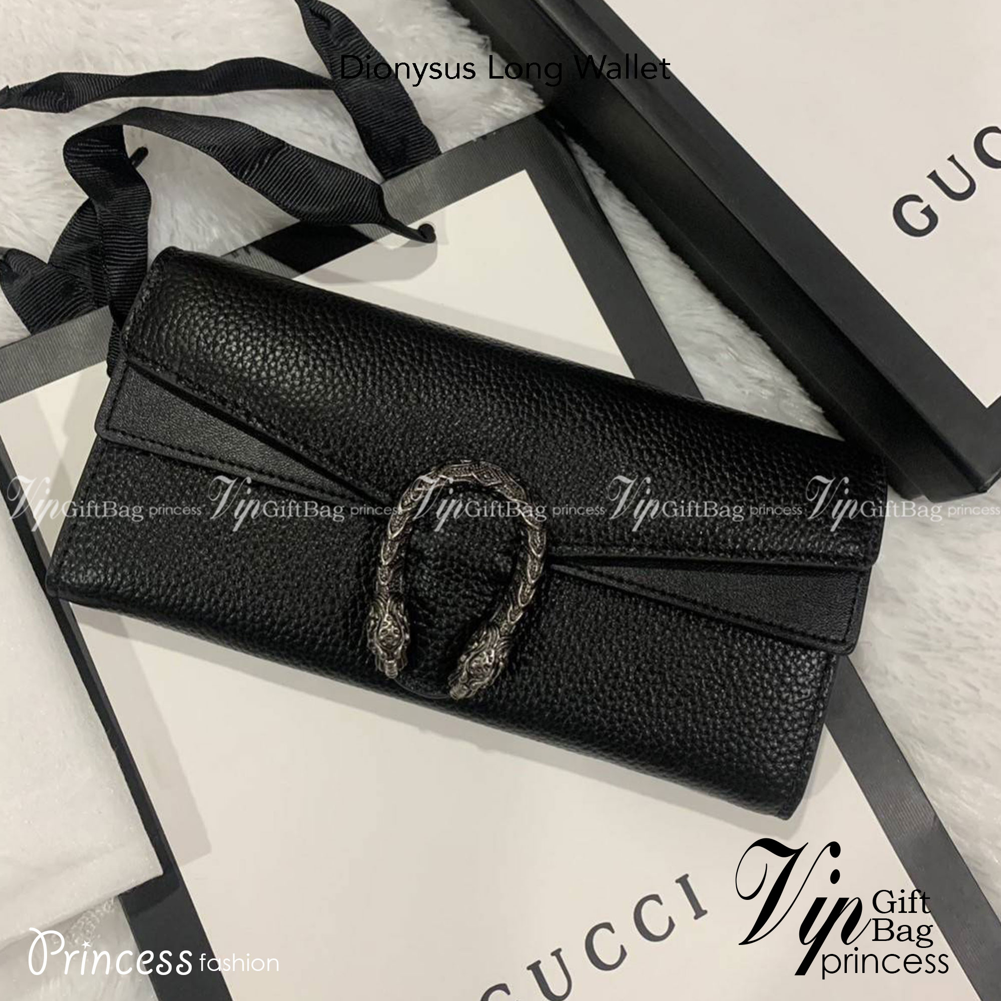 GUCCI Dionysus Long Wallet กระเป๋าสตางค์ใบยาว ดีไซน์อะไหล่สีรมควันทรงโค้งรูปหัวสิงโต วัสดุหนังแกะสังเคราะห์ หนังเงาสวยมาก