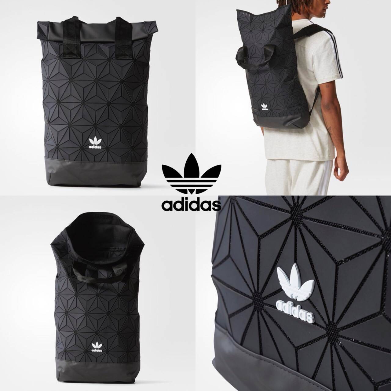Adidas Originals BP Roll Top 3D Mesh 2017 Backpack Bag DH0100 กระเป๋าเป้สะพายหลัง ดีไซน์แบบ 3 มิติ วัสดุ polyurethane สีดำด้าน โดยใช้ลูกเล่น ของเหลี่ยมและมุมเชื่อมเข้าหากัน ออกแบบกระเป๋า เป็นเหมือนถุงทรงสูง ในส่วนปากกระเป๋าเป็นแบบตีนตุ๊กแก ม้วนพับ และติดก