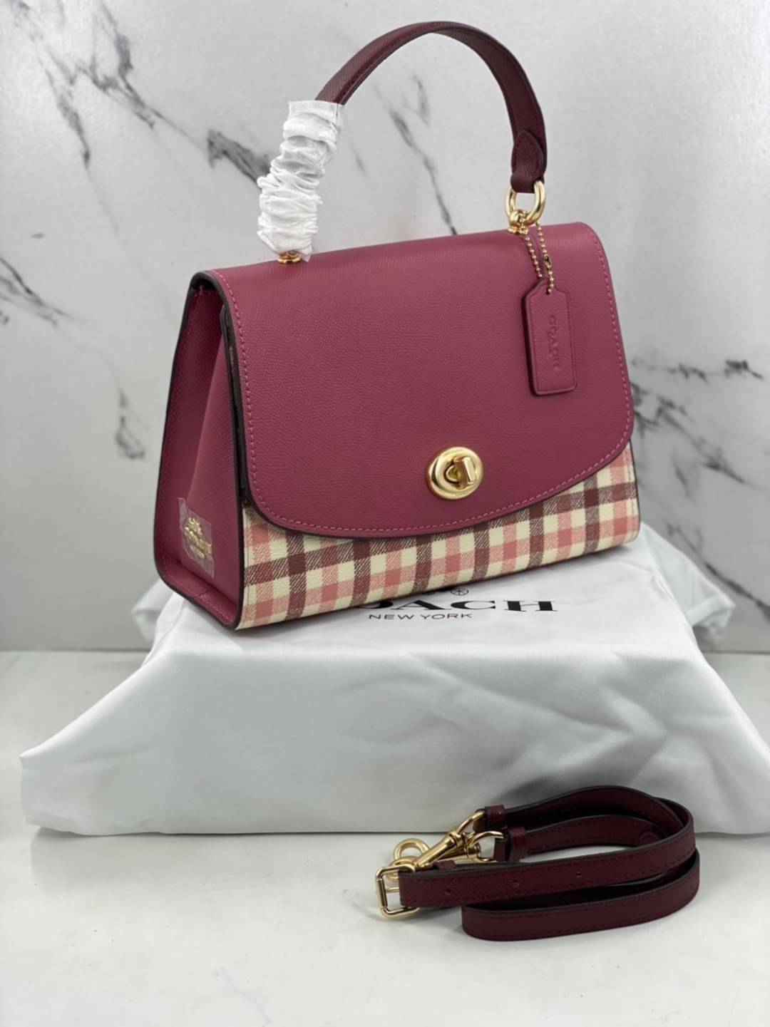 COACH TILLY TOP HANDLE SATCHEL WITH GINGHAM PRINT (COACH F76615) BROWN PINK MULTI/GOLD