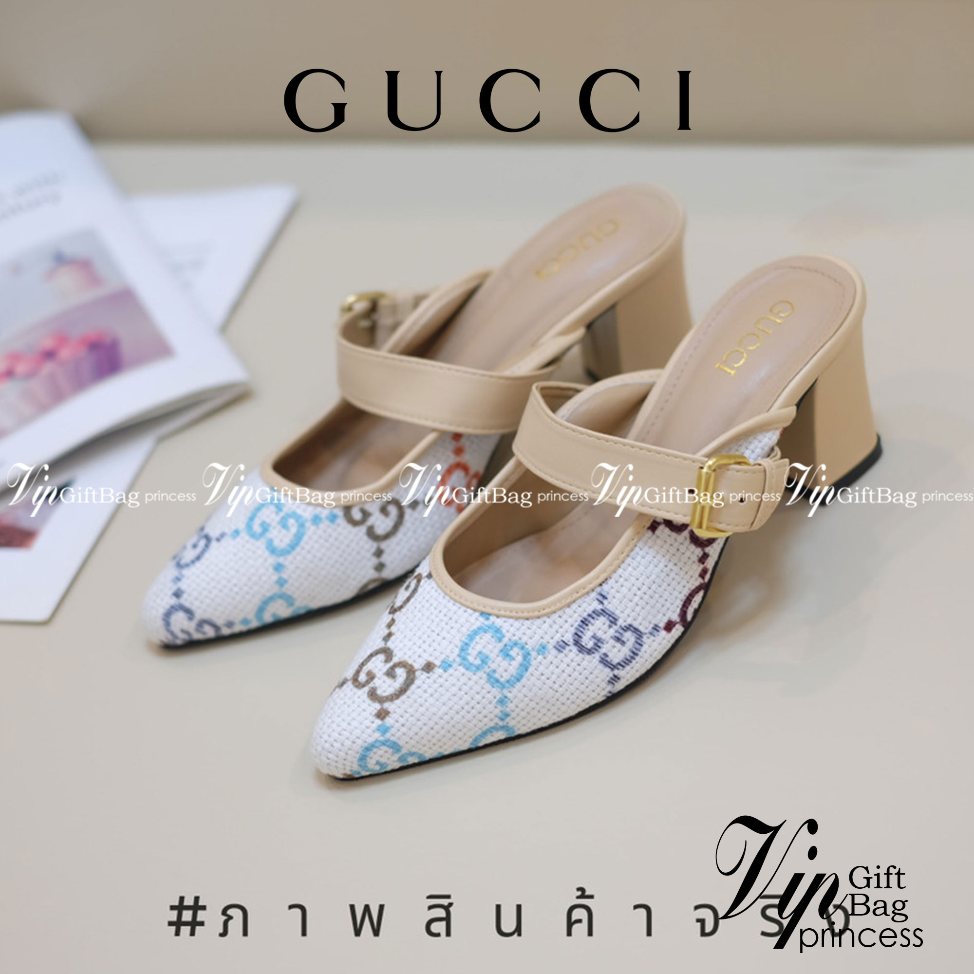 Gucci รองเท้างานสวม ผ้าทวีส สกรีนแบรนด์ สวย หรู ดูแพงเกินราคาจร้า ด้านหน้าคาดเข็มขัด ส้นแท่งตัน ใส่สบาย ไม่เมื่อย แมทส์ชุดง่าย น้ำหนักเบา