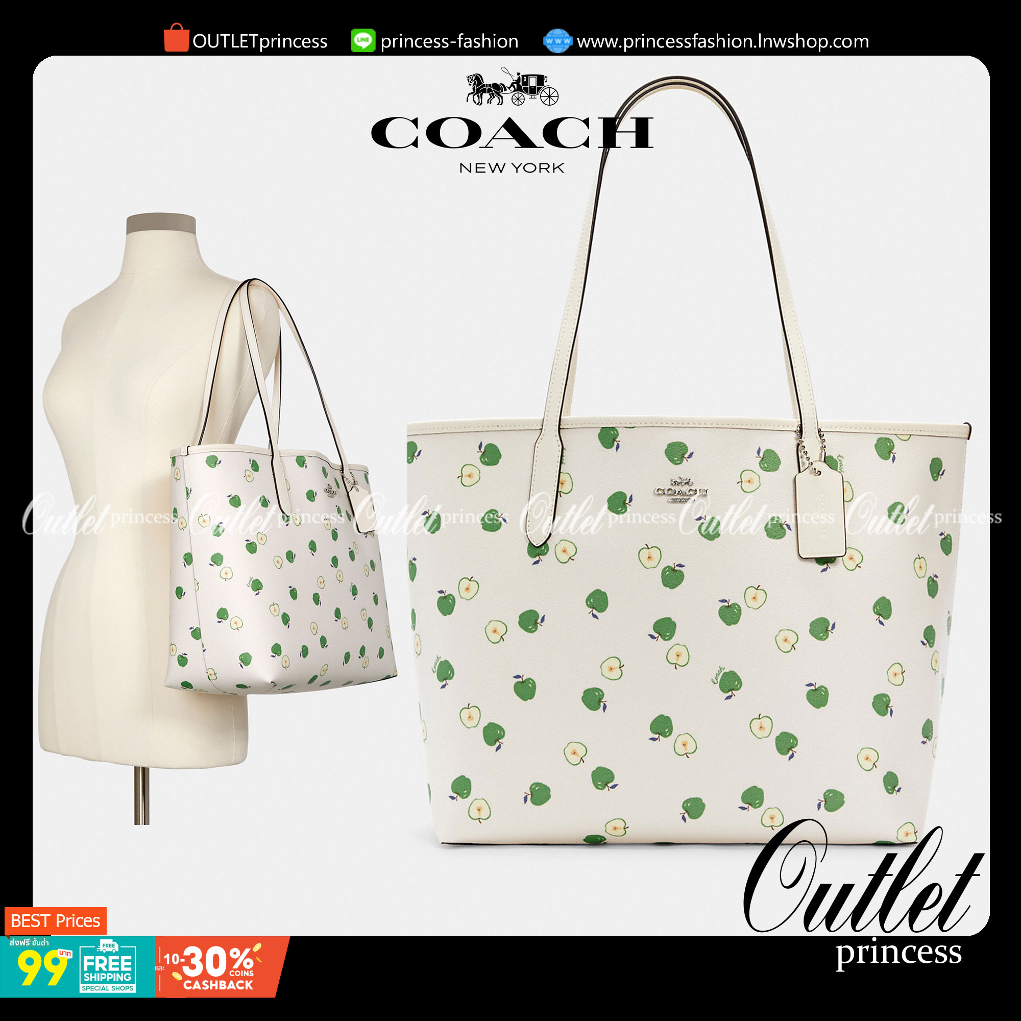 COACH C4119 CITY TOTE WITH APPLE PRINT แจกความน่ารักสดใส ด้วยเหล่าแอปเปิ้ลเขียวที่ยกมาทั้งสวน!! ดีไซน์ดึงดูดความสนใจได้ดีเลยทีเดียว กระเป๋าทรงช็อปปิ้งใบใหญ่ ที่จุยิ่งกว่าจุ!! ใส่เสื้อผ้าไปต่างจังหวัดยังได้ เพราะภายในโล่งกว้างมาก วัสดุหนังแคนวาสเคลือบลาย ท