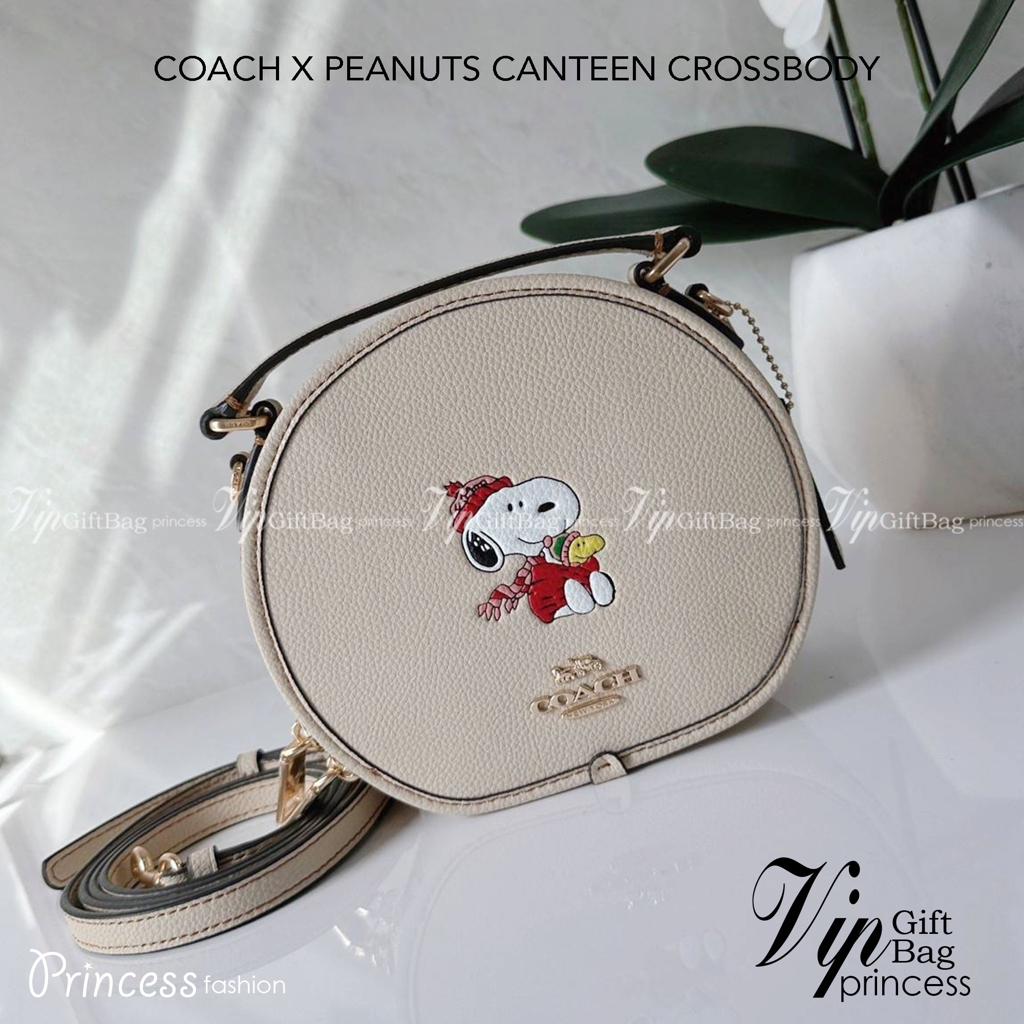 COACH X PEANUTS CANTEEN CROSSBODY WITH SNOOPY PRESENT MOTIF (CE845,CF290) กระเป๋าสะพายข้างทรงกลมไซส์มินิ มีหูจับ วัสหนังแท้ ด้านหน้าโดดเด่นด้วยรูปการ์ตูนSnoopy