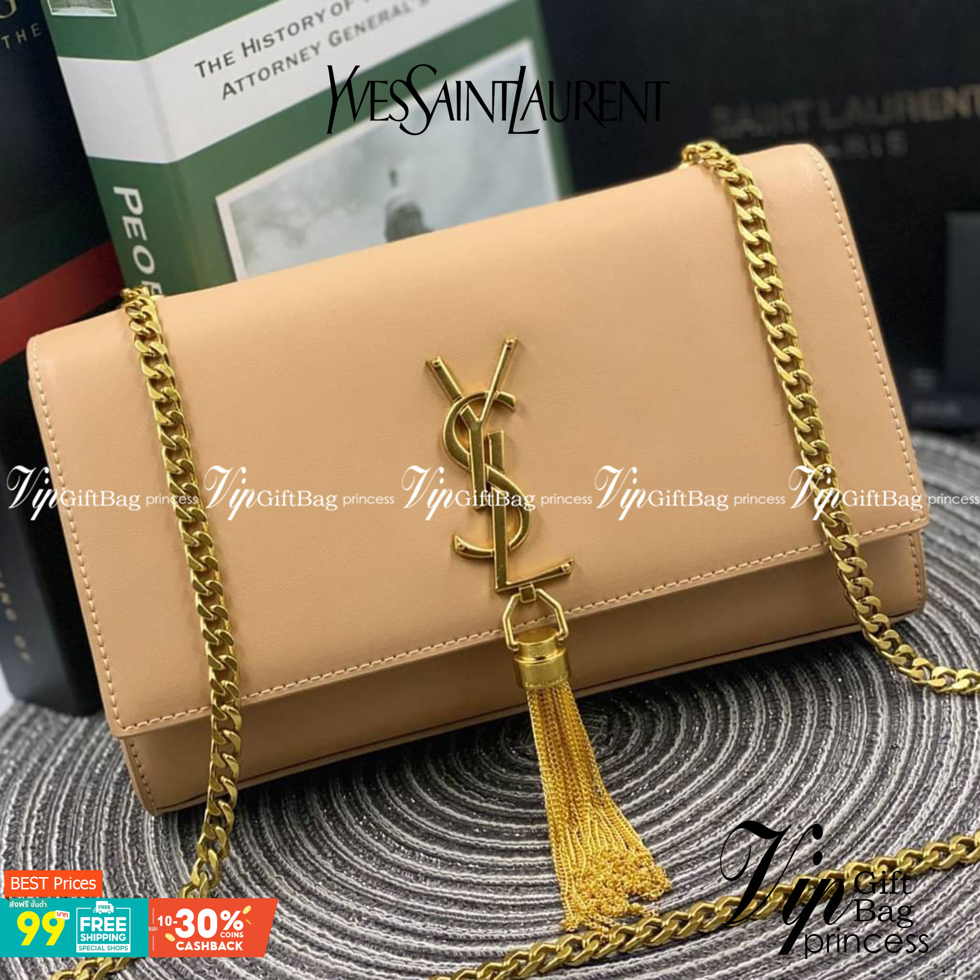VIP 】หนังแท้ YSL Saint Laurent Monogram Kate Leather Shoulder Bag พร้อมส่งที่ไทย!! สีครีม รุ่นหนังเรียบ อะไหล่ทอง