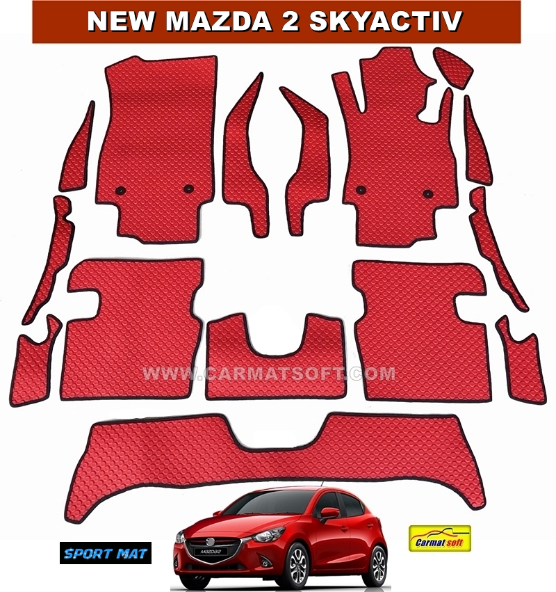 พรมปูพื้นรถยนต์ MAZDA2 2015-20 ลายกระดุมสีแดง เต็มคัน 15ชิ้น
