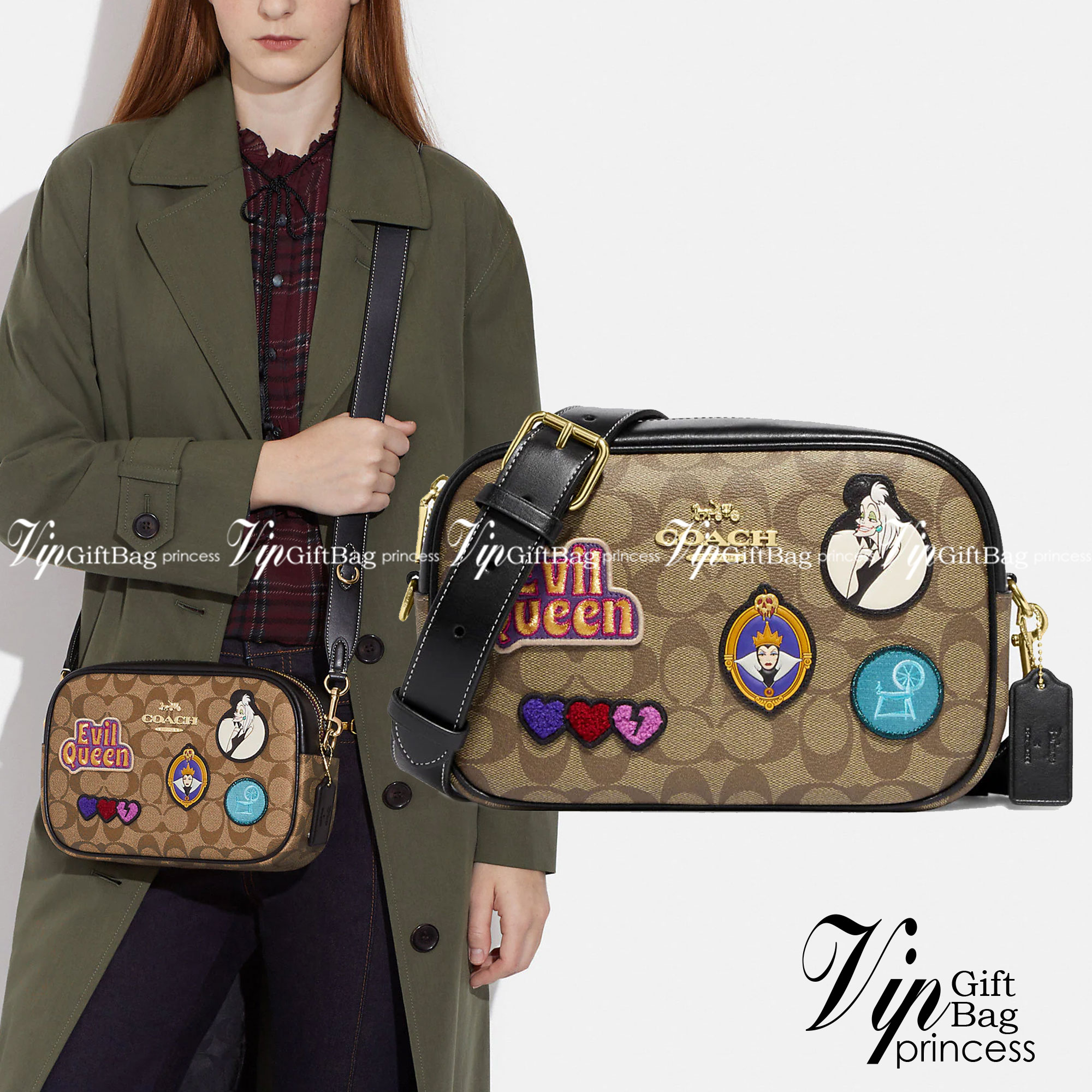 Coach Disney X Coach Jamie Camera Bag In Signature Canvas With Patches CC151 คอลใหม่ เอาใจสายยัยตัวร้าย ดีไซน์รวมเหล่าตัวแสบจากดิสนีย์ กับกระเป๋าสะพายข้าง สวยอยู่ทรง โดดเด่นด้วยลวดลายบนผืนหนัง วัสดุหนังแคนวาสตัดสลับหนังแท้ เปิด-ปิดด้วยซิป ใช้งานง่าย ดูผู้