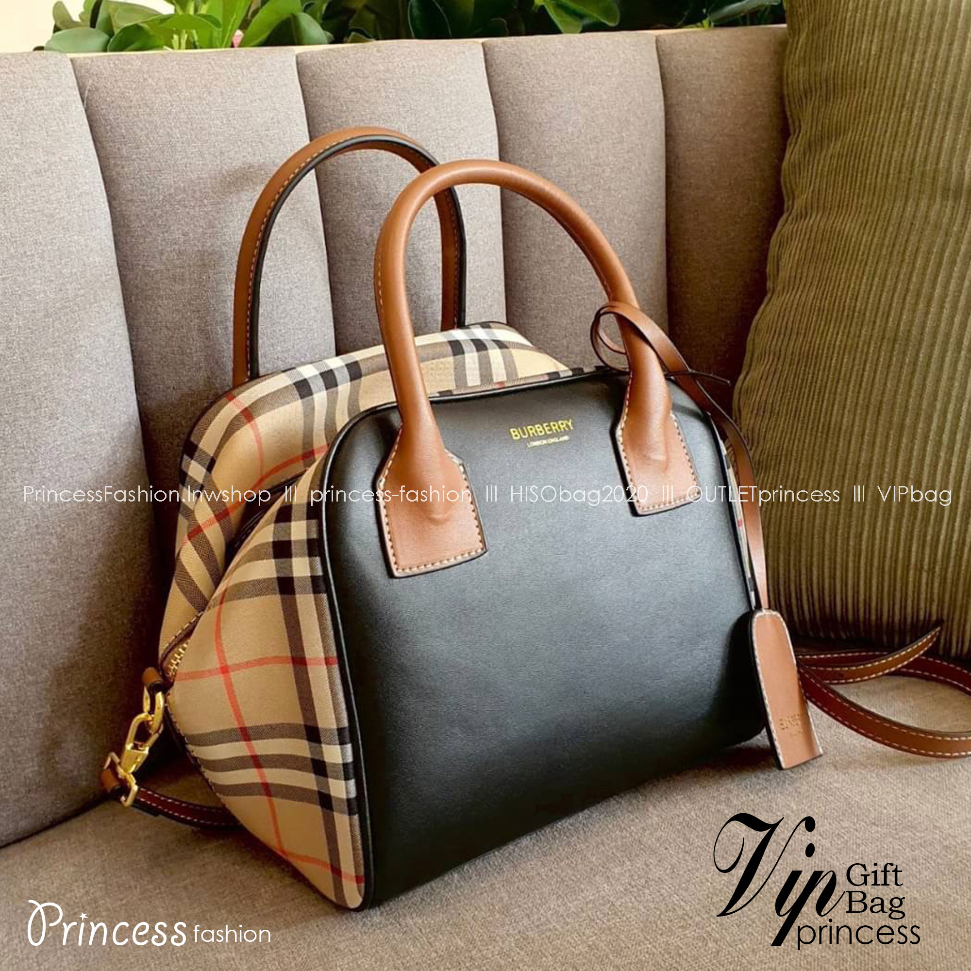 Burberry Cube Shoulder Bag Black / Burberry Vintage Checked Cube Bag / WOMAN BURBERRY HANDBAGS กระเป๋าถือ กระเป๋าสะพายครอสบอดี้ วัสดุหนังสีดำตัดด้วยผ้าลายซิกเนเจอร์แบรนด์