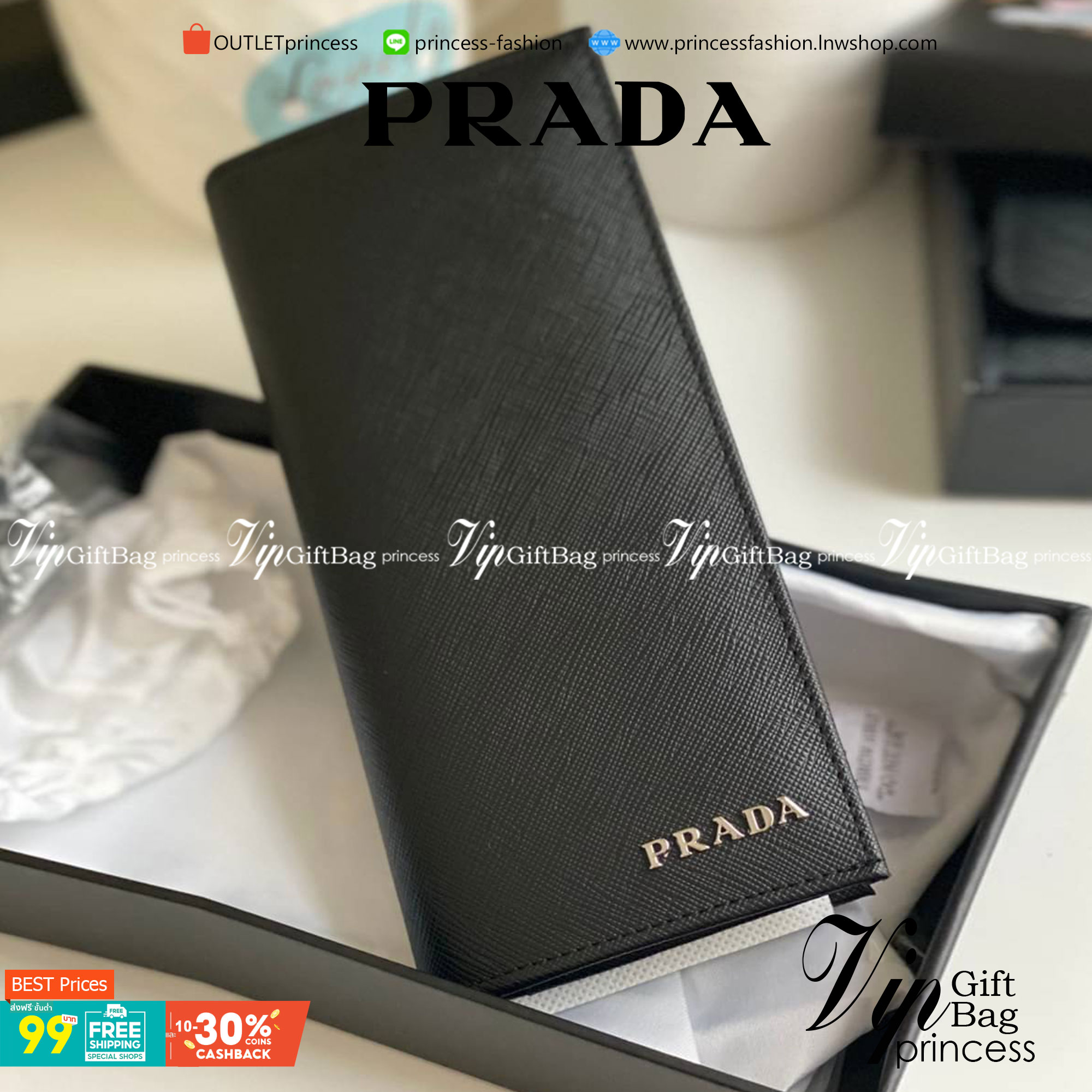 VIP หนังแท้ 】PRADA Men Saffiano Zipper Leather Billfold Long Wallet - Black