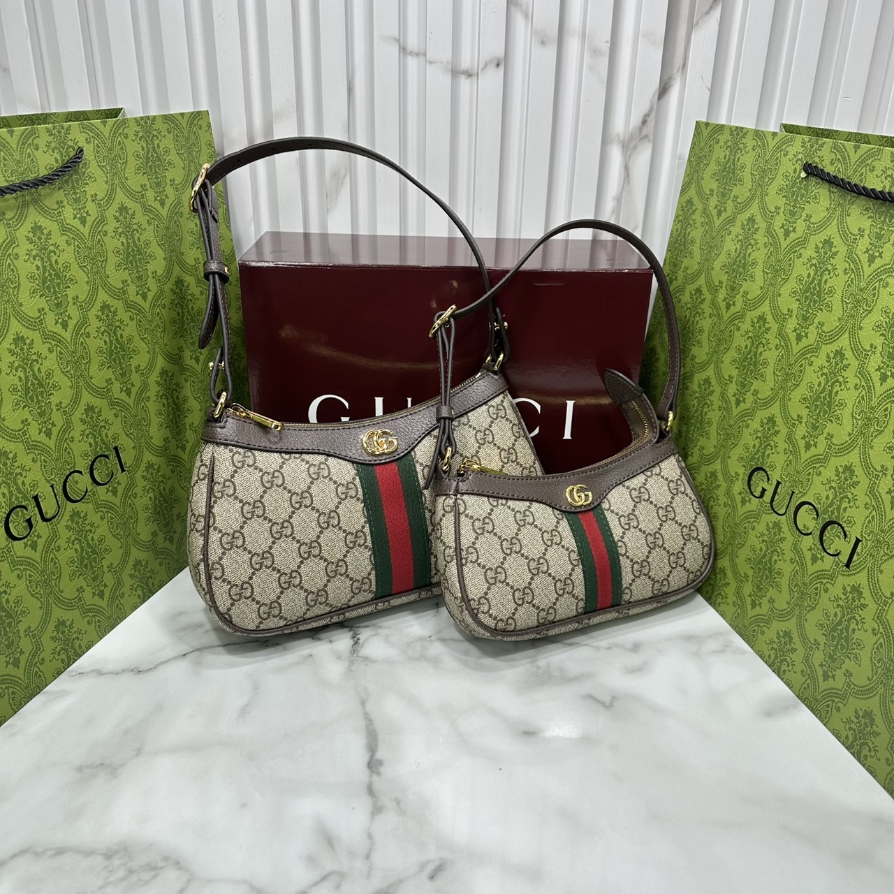 8" ORI หนังแท้ | Gucci Ophidia mini shoulder bag GG Monogram Double G / Gucci Hobo Bag กระเป๋าสะพายทรงโฮโบขนาดมินิ