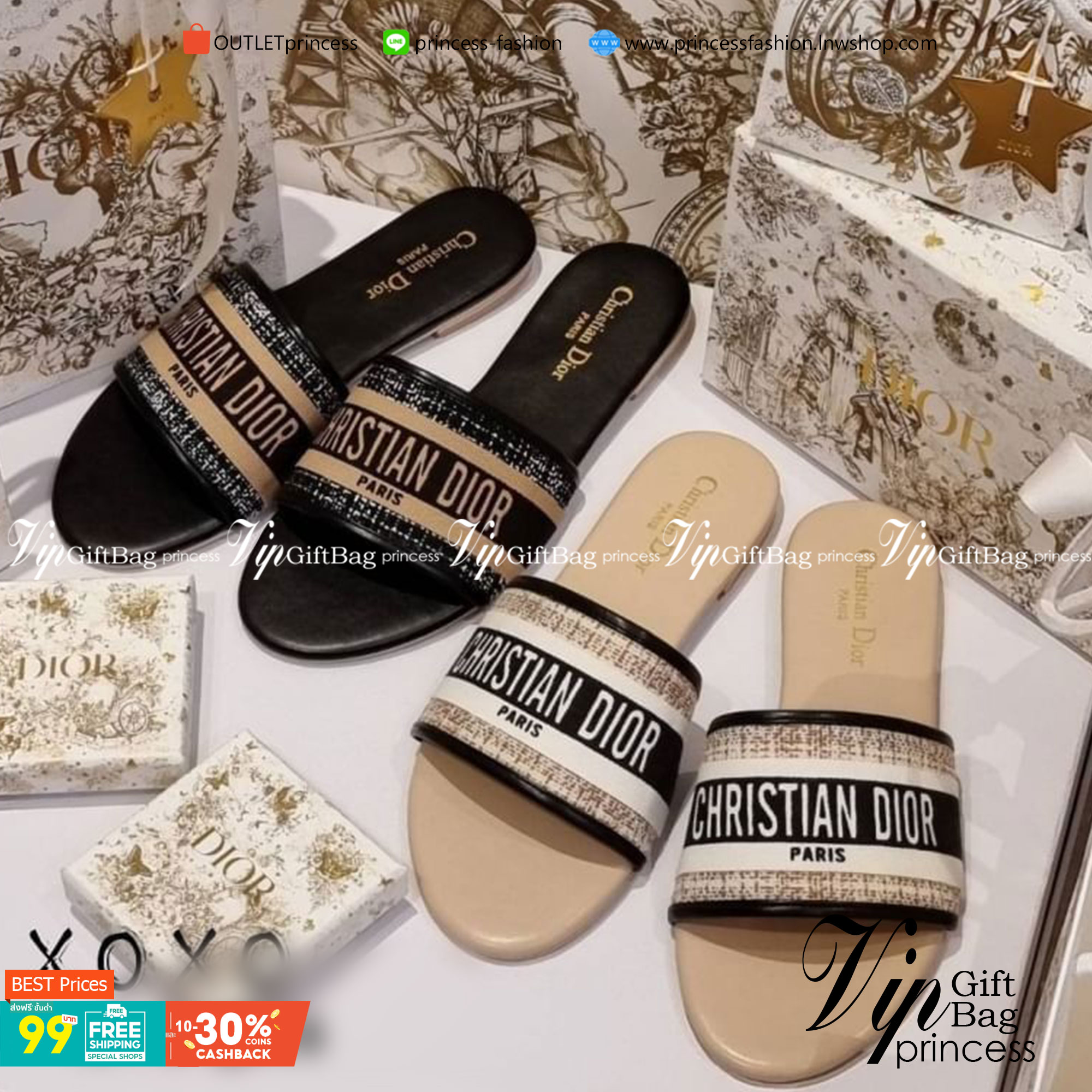 Christian Dior รองเท้า งานสวม วัสดุผ้าทวีส ด้านหน้า มีโลโก้แบรนด์ว่าง สวย เก๋ ชนช้อป แมทส์ชุดง่าย น้ำหนักเบา