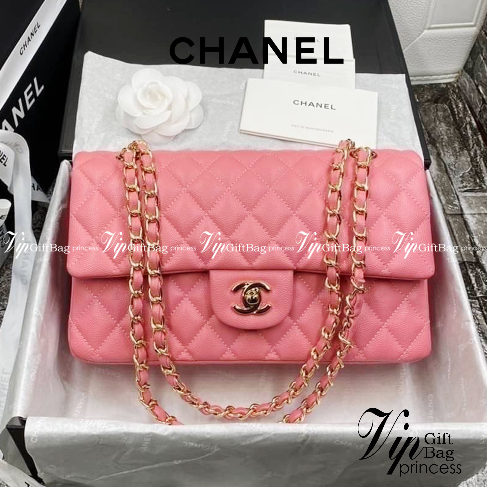 หนังแท้ CHANEL Classic Caviar 25cm กระเป๋าสะพายคลาสสิก หนังแกะและโลหะสีทอง ภาพสินค้าถ่ายจากงานขายจริง ใช้งานต่างประเทศได้