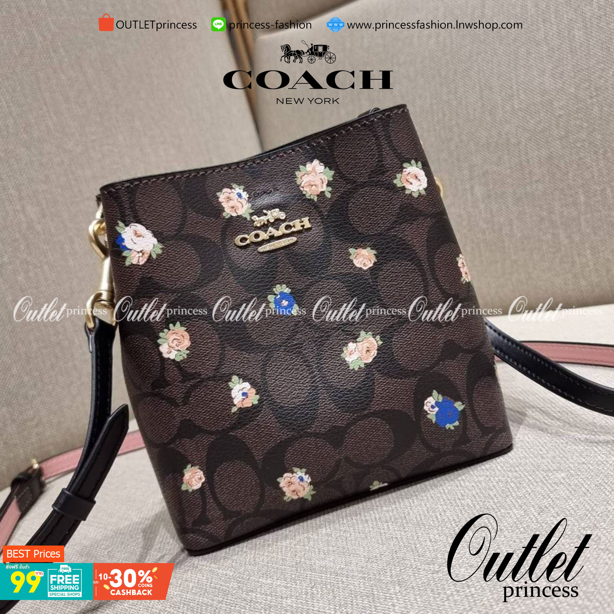 COACH MINI TOWN BUCKET BAG IN SIGNATURE CANVAS WITH VINTAGE MINI ROSE PRINT ((7270 7268 7267)) คอลเลคชั่นใหม่ล่าสุด!! น้องสาวคนสวยมาแล้วจ้า สดใสต้อนรับเทศกาลคริสต์มาส 🎅🎄 กระเป๋าบัคเก็ต ไซส์มินิ ใบจริงน่ารักม้าก!! น่าใช้แบบที่สุด วัสดุหนังแ