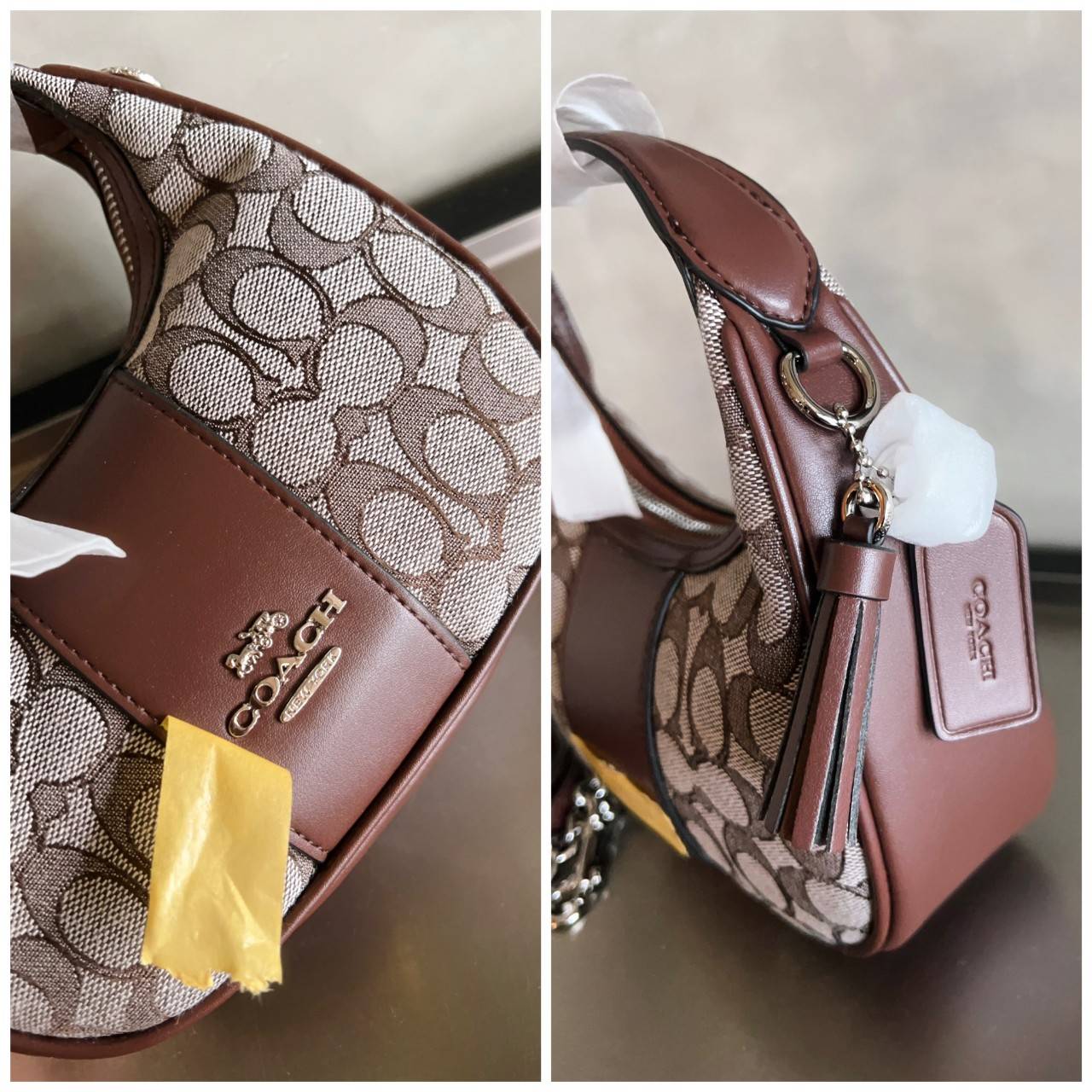 COACH CARMEN MINI CROSSBODY IN SIGNATURE JACQUARD กระเป๋ารูปทรงพระจันทร์โค้งมน น่ารักน่าใช้มากๆ!! เกรดท็อปออริ เกรดดีสุด สลับแท้ 1:1 ใช้ต่างประเทศได้