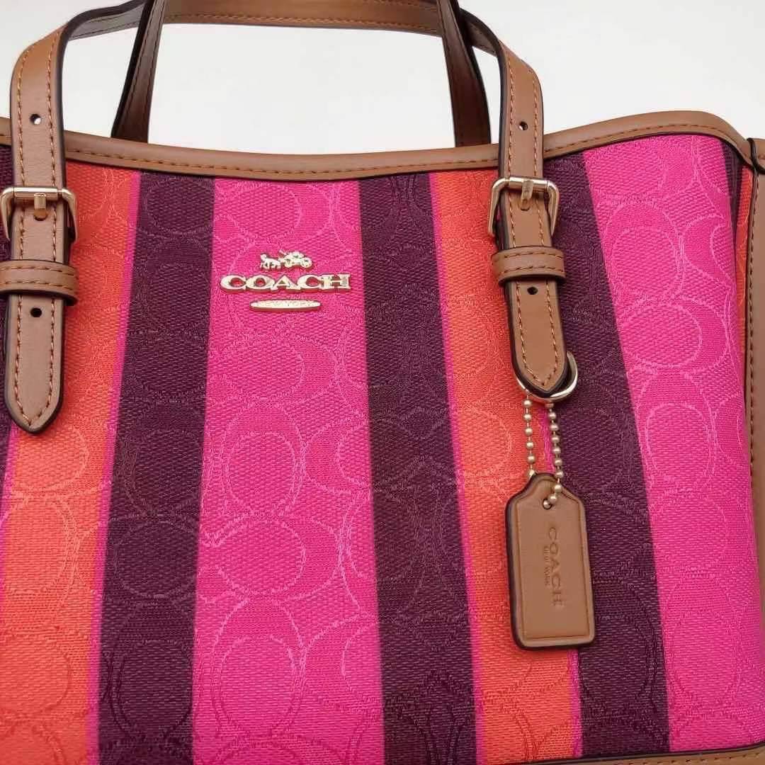 COACH C4086 MOLLIE TOTE 25 IN SIGNATURE JACQUARD WITH STRIPES แจกความสดใสด้วยลุคคัลเลอร์ฟูล กระเป๋าทรงโท้ท มินิไซส์ ตกแต่งลายเอกลักษณ์ถักทออยู่บนผ้า jacquard ตัดกับลายเส้นสีสันสวยงาม ลงตัวไม่ซ้ำใคร ภายในเป็นช่องโล่ง มีช่องซิปกลางใส่ของได้ ขนาดกำลังดีแบบใส
