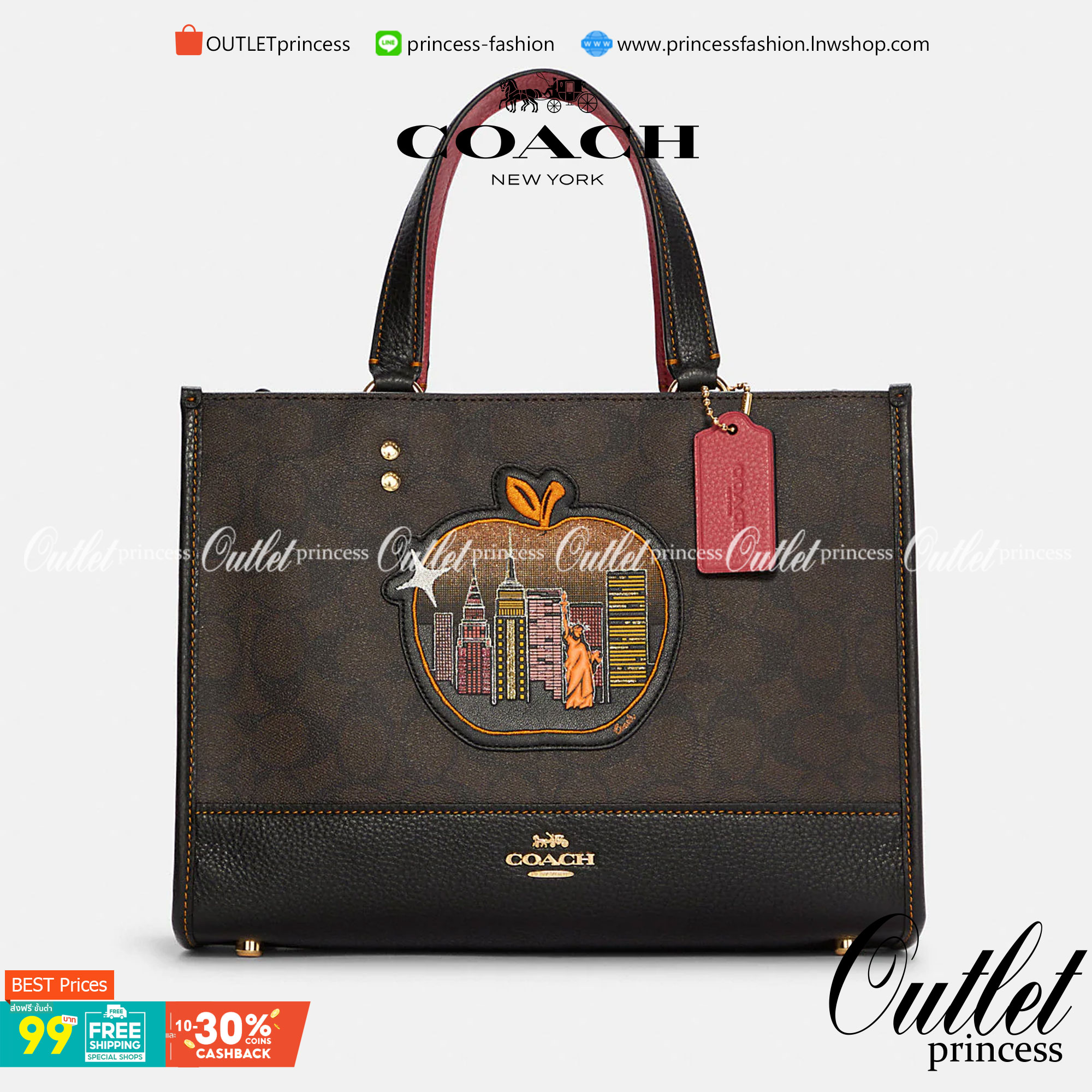 OUTLET 】COACH C6921 DEMPSEY CARRYALL IN SIGNATURE CANVAS WITH SOUVENIR SKYLINE APPLE ใหม่ล่าสุด จัดใหญ่ให้ไปเลย!! กระเป๋าทรงโท้ทไซส์ใหญ่กำลังสวย ใส่ของได้แบบจุๆ โดดเด่นด้วยโลโก้สุดหรู วัสดุหนังแคนวาสคุณภาพดีสลับหนัง pepble ภายในกระเป๋าเป็นช่องโล่ง ใส่ของส