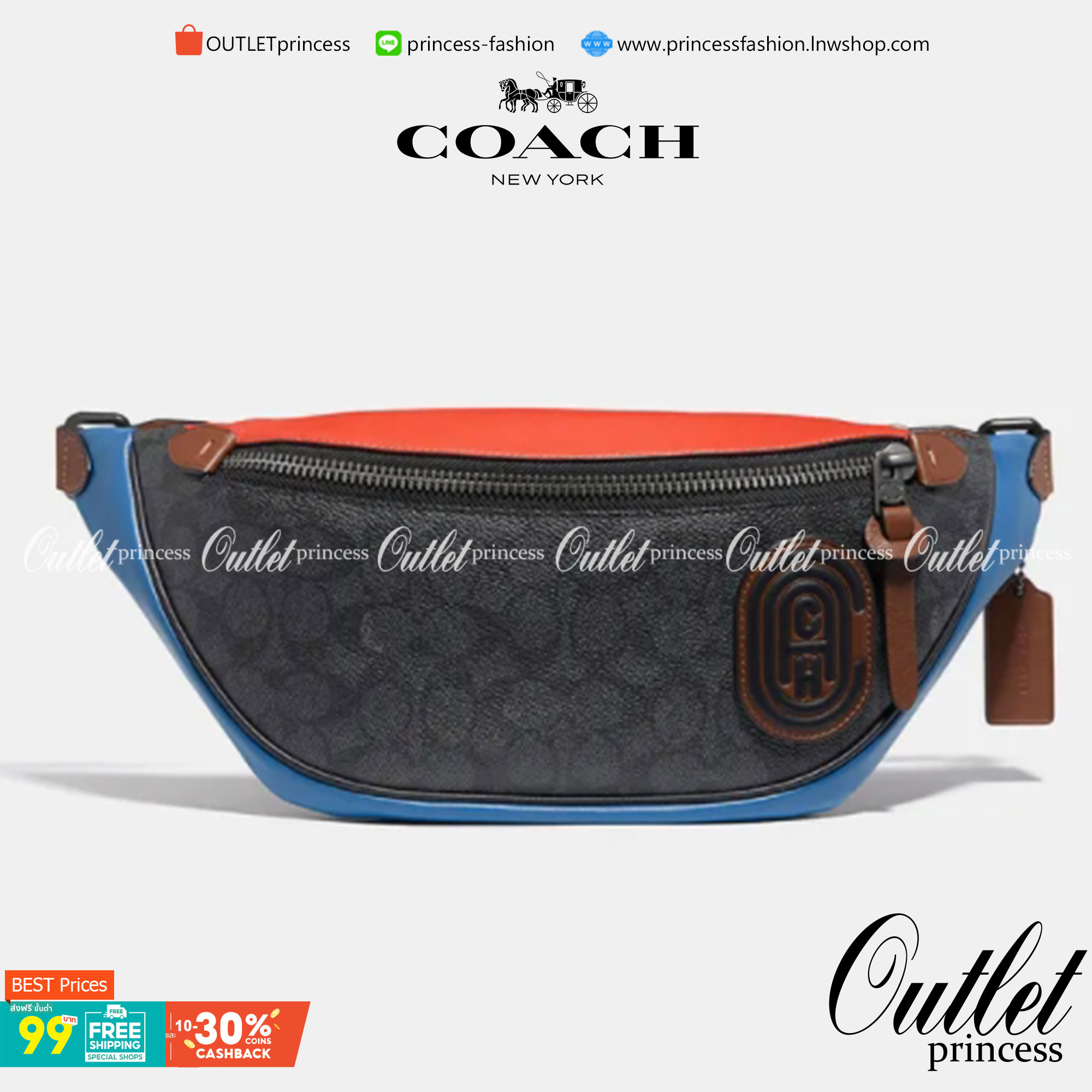 OUTTLET 】COACH RIVINGTON BELT BAG IN COLORBLOCK SIGNATURE CANVAS WITH COACH PATCH (962) รุ่นใบใหญ่จุใจ ใช้ได้ทั้งชายหญิง