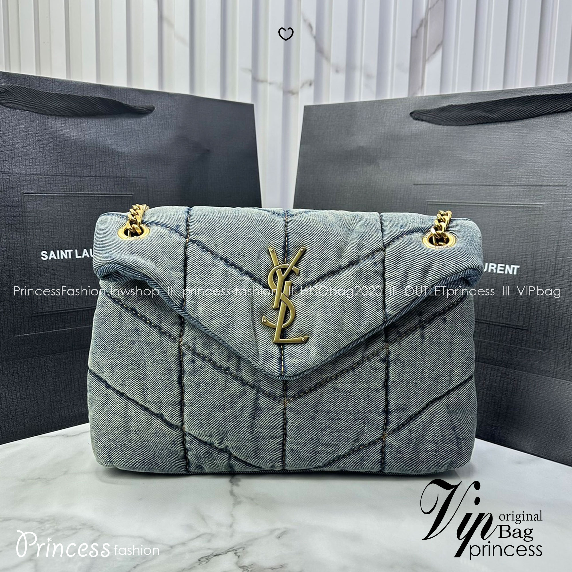 YSL PUFFER SMALL in suede and denim / YSL Loulou Denim Shoulder bag กระเป๋าสะพายเดนิมเย็บลายเชฟรอนควิลท์ เกรดออริ 1:1