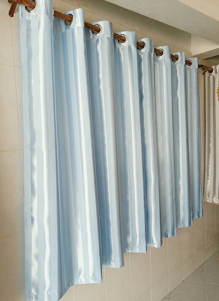 ผ้าม่านหน้าต่างกันยูวี หนา ลายทางเล็ก สีฟ้าอ่อน