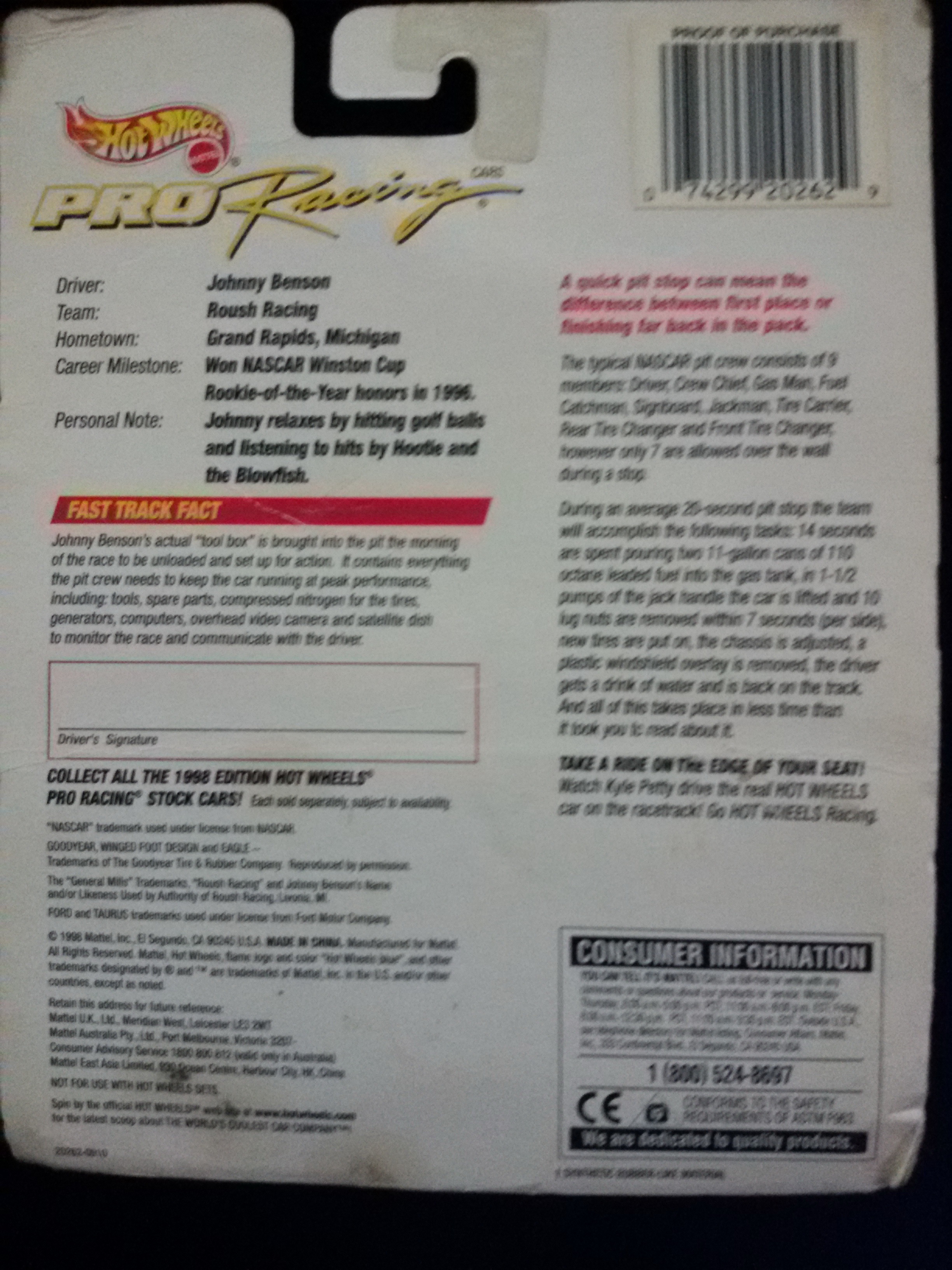 รถเหล็ก Nascar Hot Wheels Pro Racing Pit Crew - Johnny Benson #26 Cheerios Ford Taurus 1:64 Die-Cast Car w/Tool Box