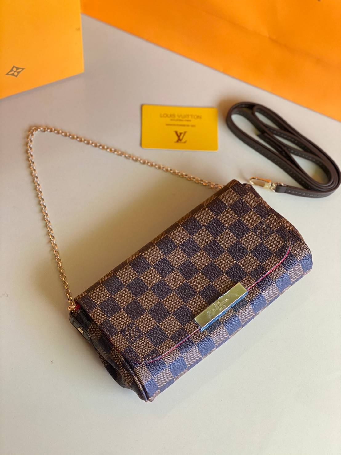 VIP 】หนังแท้ LOUIS VUITTON Monogram Favorite PM Multicolor Damier Ebene Canvas Cross Body Bag