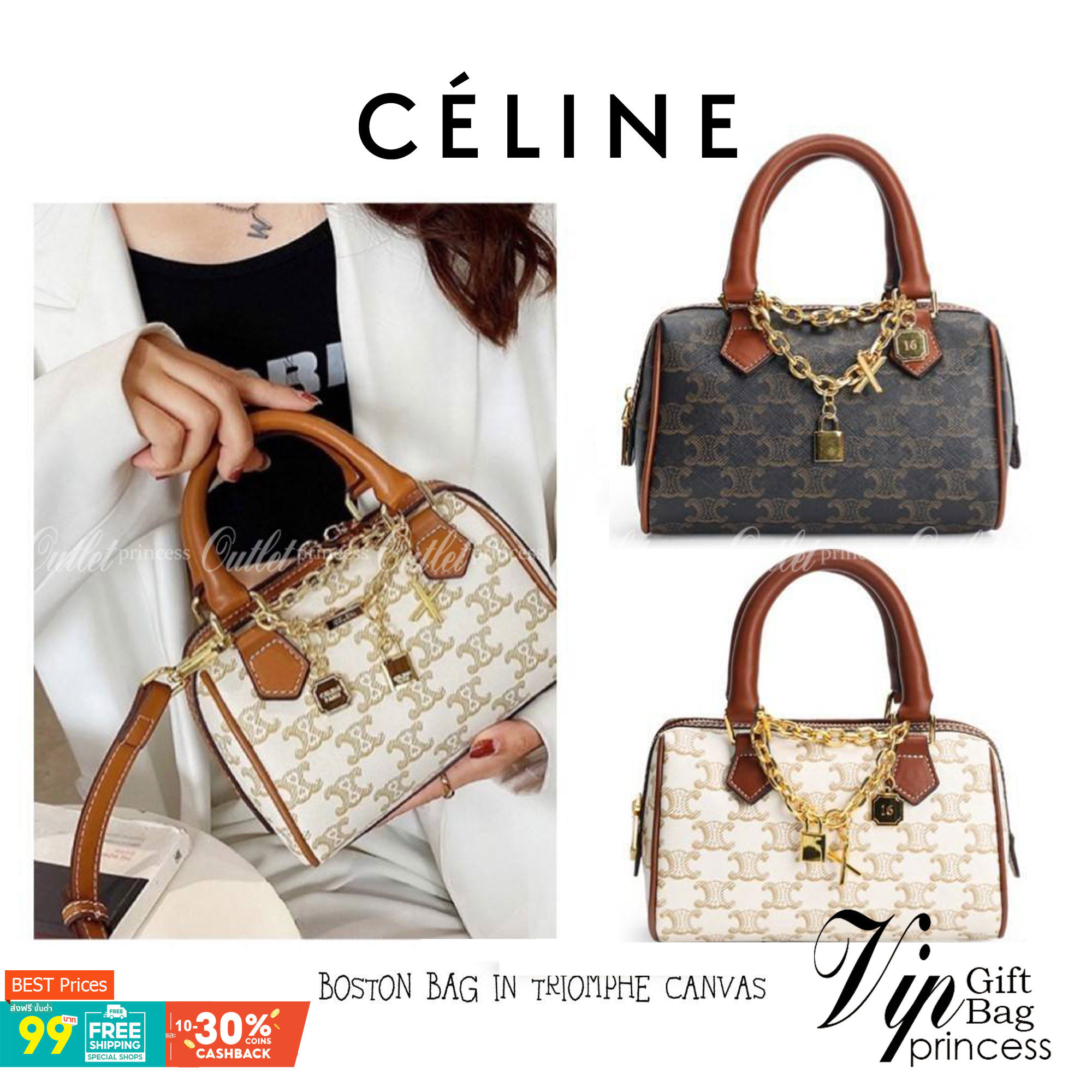 CELINE MINI BOSTON BAG IN TRIOMPHE CANVAS กระเป๋าทรงหมอนขนาดกะทัดรัด เป็นทรงฉิตตบอดกาลไม่มีเอ้าท์ ถือหรือสะพายได้อย่างคล่องตัว ภายในสามารถบรรจุสิ่งของที่จำเป็น สิ่งที่โดดเด่นของกระเป๋าหนังลาย Triomphe ที่ได้รับความนิยมอย่างแพร่หลาย มีอะไหล่ทองประดับเพิ่มม