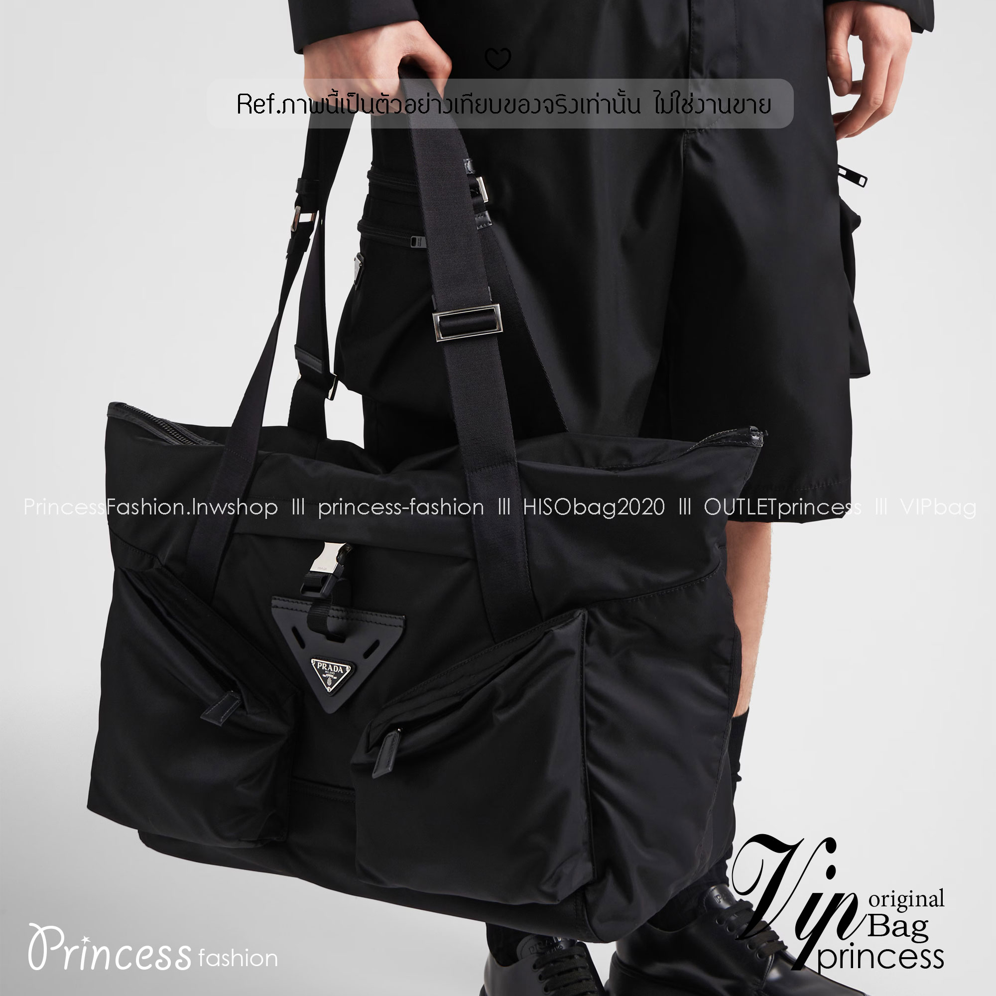 ORI หนังแท้ | Prada Re-Nylon and leather travel bag กระเป๋าถือใบใหญ่ทรงโท้ท งานผ้าไนลอนรูปทรงเรขาคณิตเรียบหรู สถาปัตยกรรมและเส้นสาย ผสมผสานรูปทรงและวัสดุที่ตัดกันอย่างลงตัว