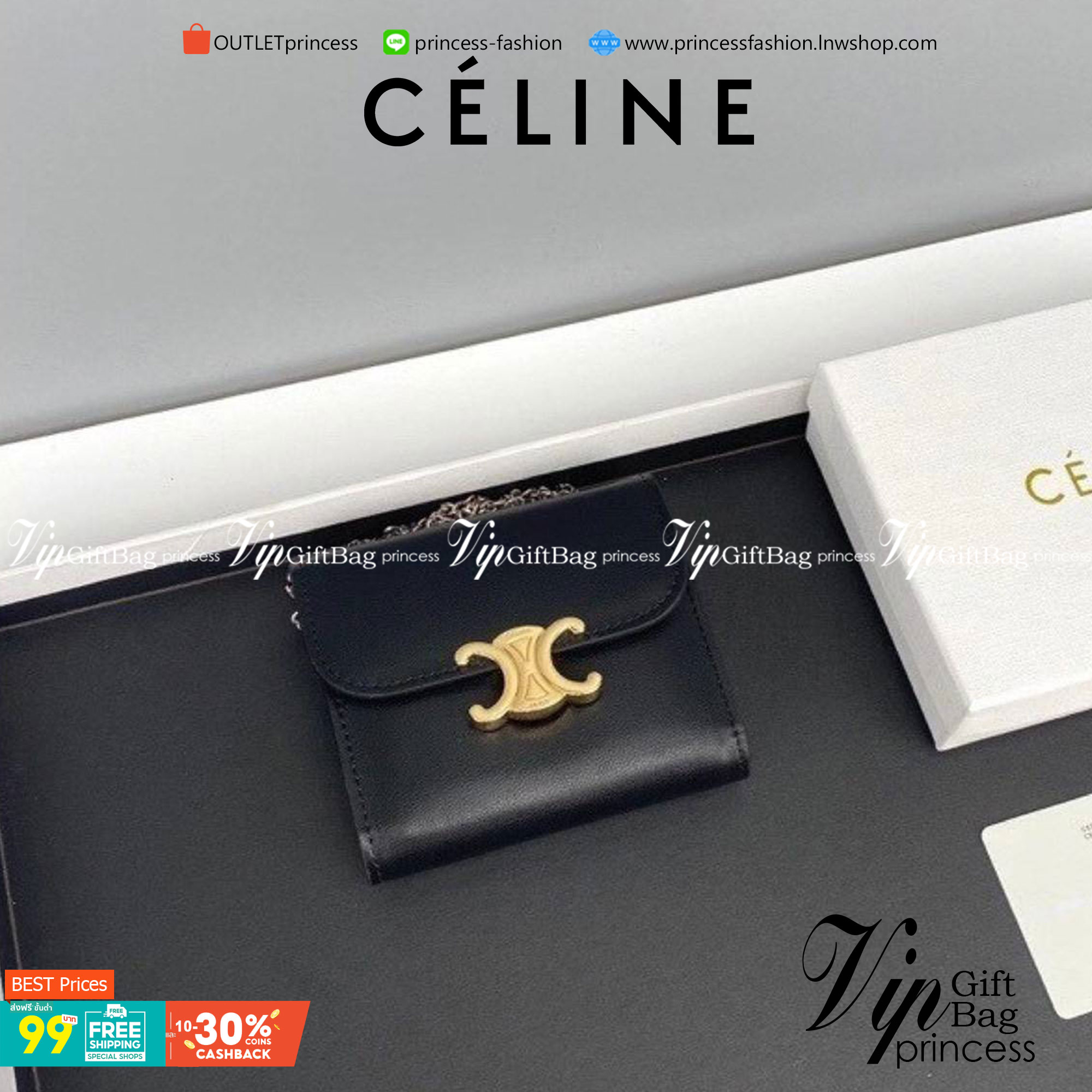 สีใหม่พร้อมส่ง! สีเขียวเหนี่ยวทรัพย์! และสีดำสุดคลาสสิค CELINE SHORT WALLET VIP GIFT WITH PURCHASE (GWP) หนังเรียบสวยอยู่ทรงมีโลโก้ด้านหน้าเปิดปิดด้วยฝาพับกระดุม ภายในมีช่องแบ่งหลายช่อง มีช่องใส่บัตรหลายช่อง ช่องใส่เหรียญ ช่องใส่ธนบัตร ใส่แบงก์พันได้เหมือ