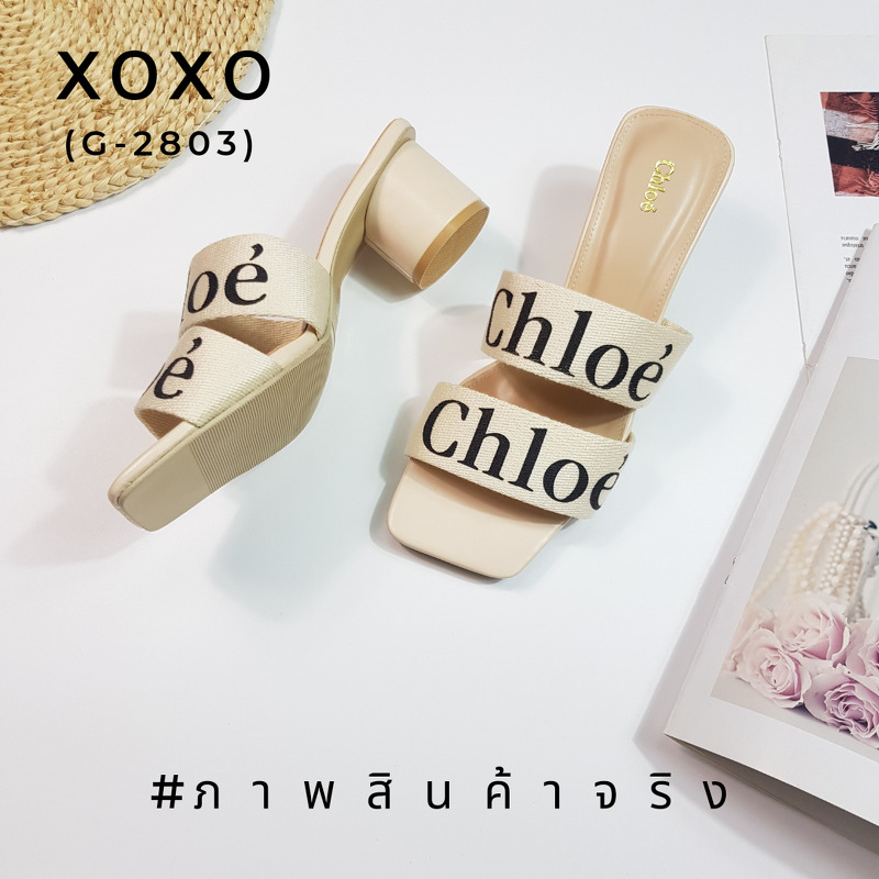 Chloe รองเท้าแตะ สวย ดูแพง เกินราคาขายมากคะ วัสดุผเาแคนวาสสกีนชื่อแบรนด์ คาด 2 ชั้น ส้นทรงกระบอกแท่งกลม สวมใส่ง่าย แมทส์ชุดง่าย น้ำหนักเบา