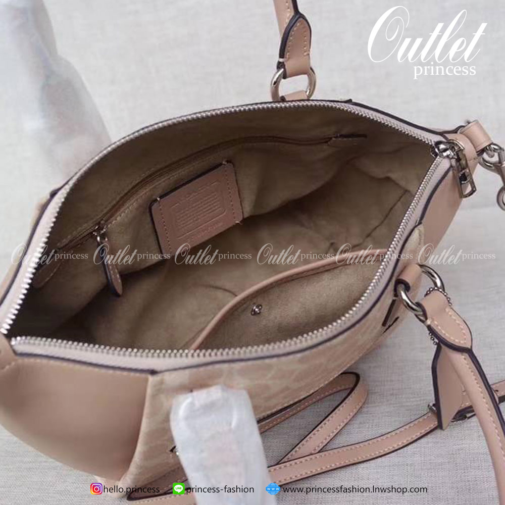 Coach Elise Satchel In Signature Canvas Product Details Signature coated canvas and refined calf leather Inside zip and snap pockets Zip-top closure, fabric lining Handles with 4 1/2" drop Outside zip pocket