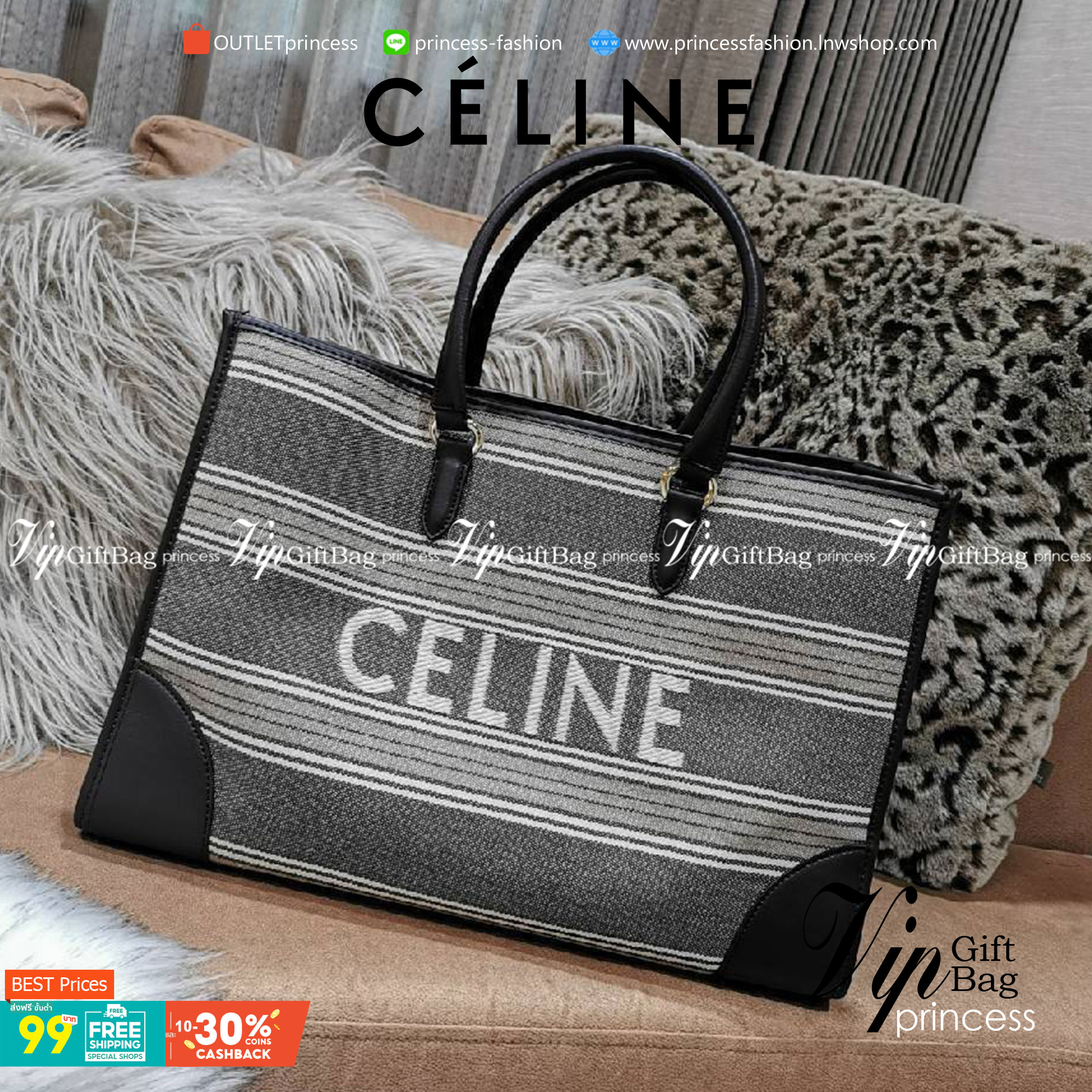 CELINE LARGE TOTE BAG VIP GIFT WITH PURCHASE (GWP) กระเป๋าพรีเมี่ยมกิ๊ฟ Limited จาก CELINE HAUTE PARFUME DUTYFREE COUNTER วัสดุ CANVAS ตัดหนังในดีไซน์ Casual สวยหรูสุดคลาสสิคใบใหญ่กำลังดีใส่สัมภาระได้เยอะ เปิดปิดด้วยกระดุม ภายในโล่งกว้าง มีช่องซิปและช่องใ