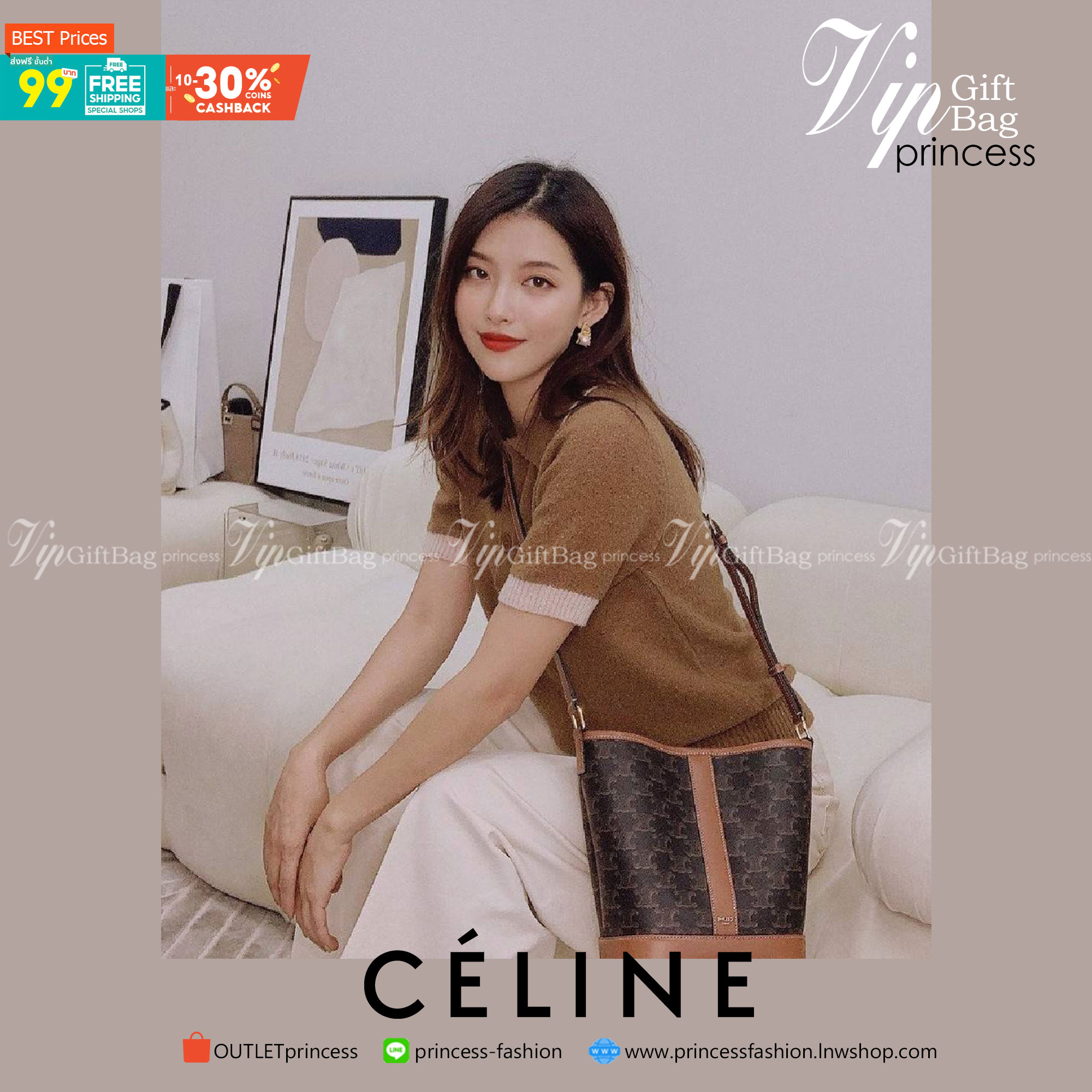 CELINE BUCKET BAG VIP GIFT WITH PURCHASE (GWP) พรีเมี่ยมกิ๊ฟ Limited Edition จาก CELINE HAUTEPARFUME DUTYFREE COUNTER วัสดุ TRIOMPHE CANVAS ดีไซน์สวยคลาสสิคไม่มีเอ้าท์เปิดปิดด้วยกระดุมภายในโล่งกว้างและจุมากสามารถใส่กระเป๋าสตางค์ กล้อง มือถือ ของใช้ได้เยอะ