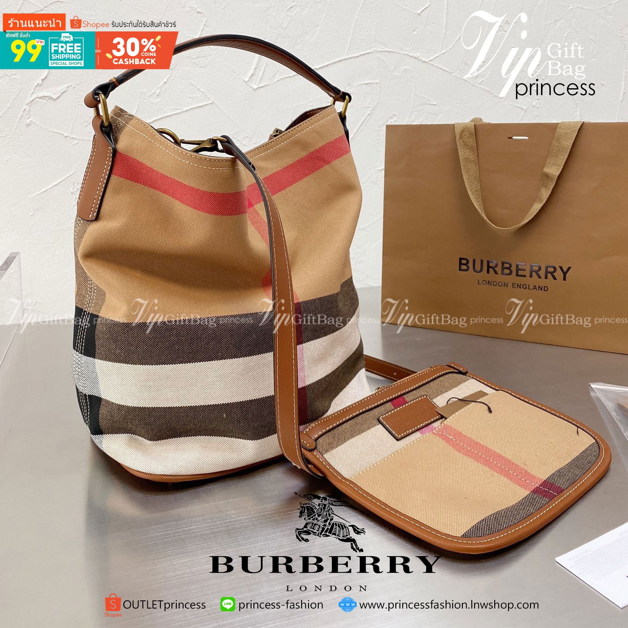 พรีเมี่ยมกิ๊ฟแท้ 100% 】BURBERRY VINTAGE CANVAS BUCKET BAG งานพรีเมียมกิ้ฟท์เคาเตอร์ น้ำหอมจากแบรนด์ วัสดุผ้าCanvas เนื้อหนาซับในอย่างดี ลายแบรนด์สวยมากคะ