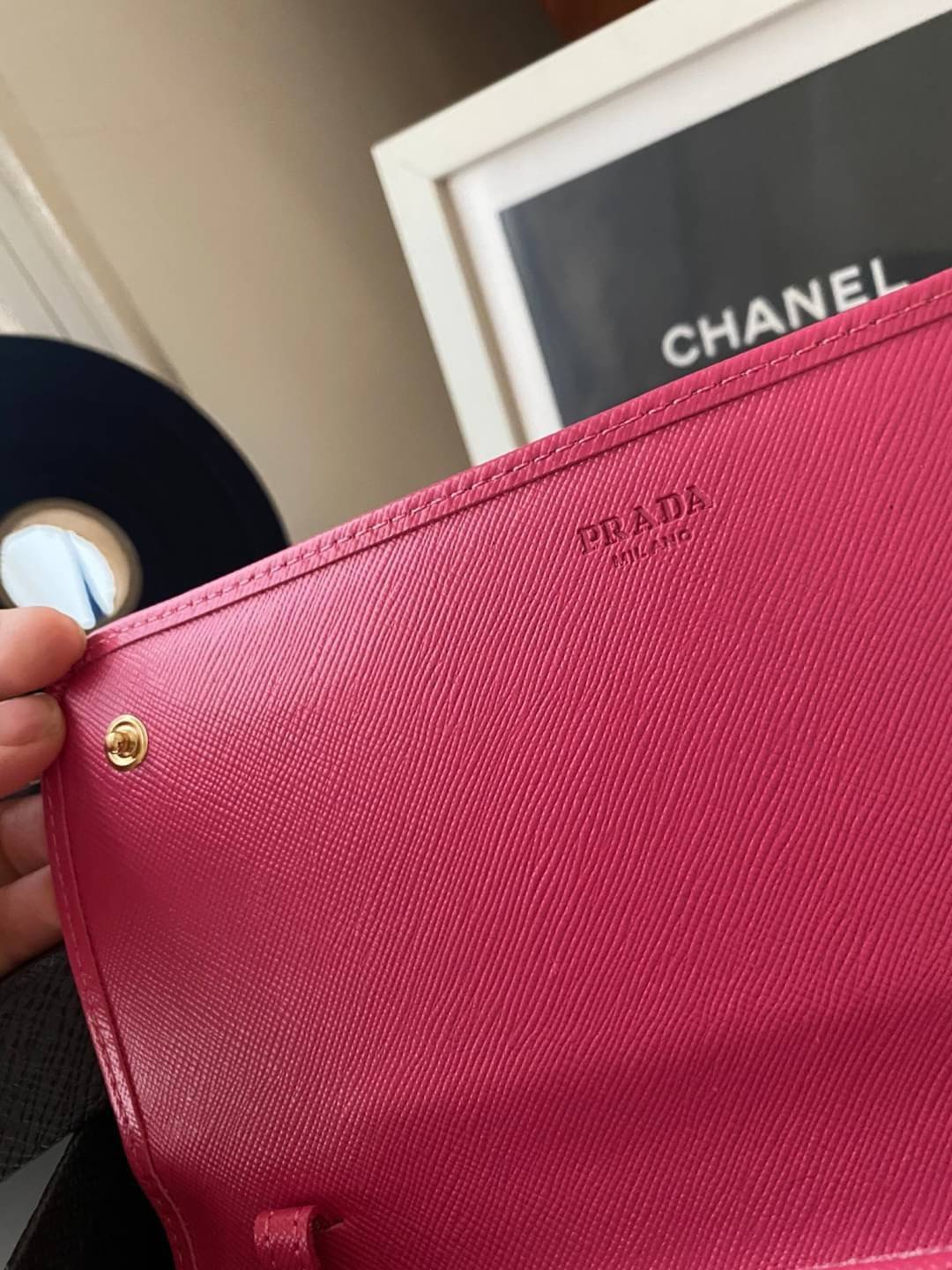 VIP หนังแท้ 】PRADA Saffiano Metal Leather Wallet on Chain Clutch Bag