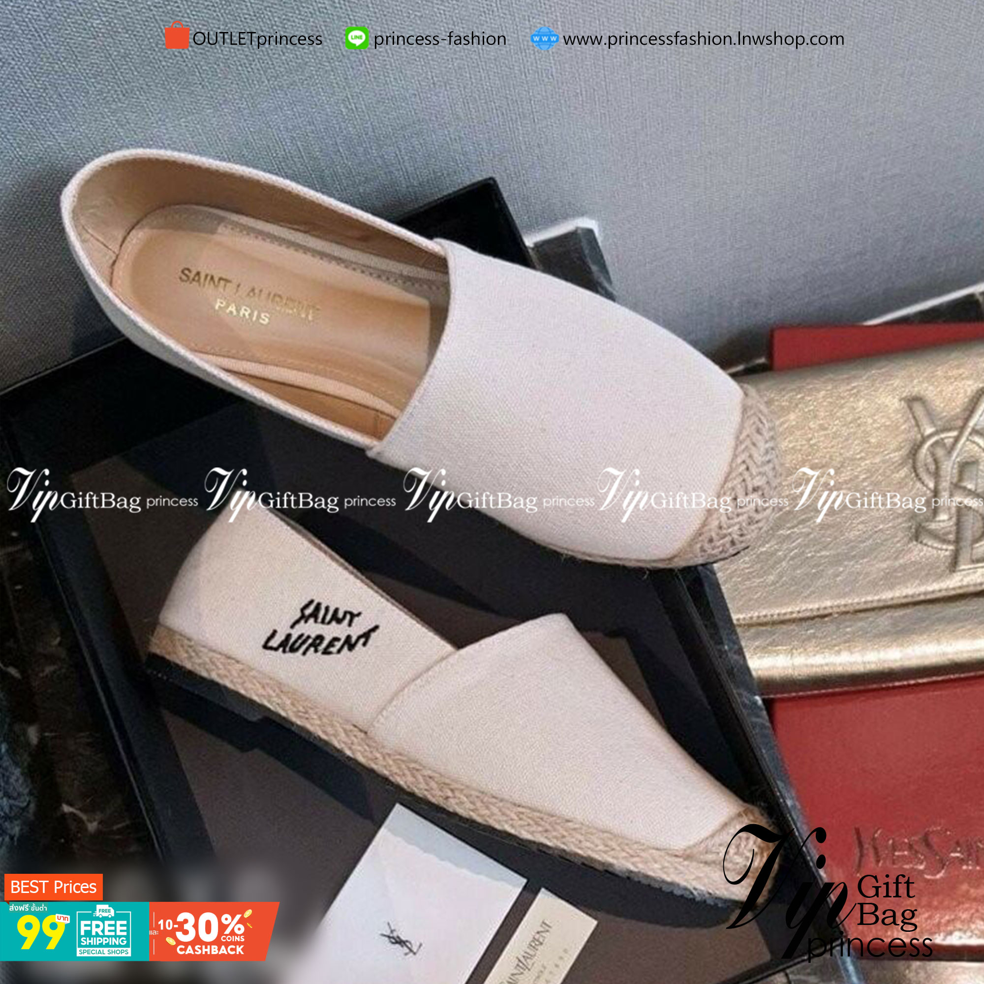 Saint Laurent คัชชู ผ้าแคนวาส สไตล์เทย์ แต่มีดีเทลความแพงโดยแบรนด์ ปักด้านข้าง สวยเทย์มาก โดนใจแอดมินที่สุด รอบๆที่พื้นว่างเชือกฟางปอโดยรอบ