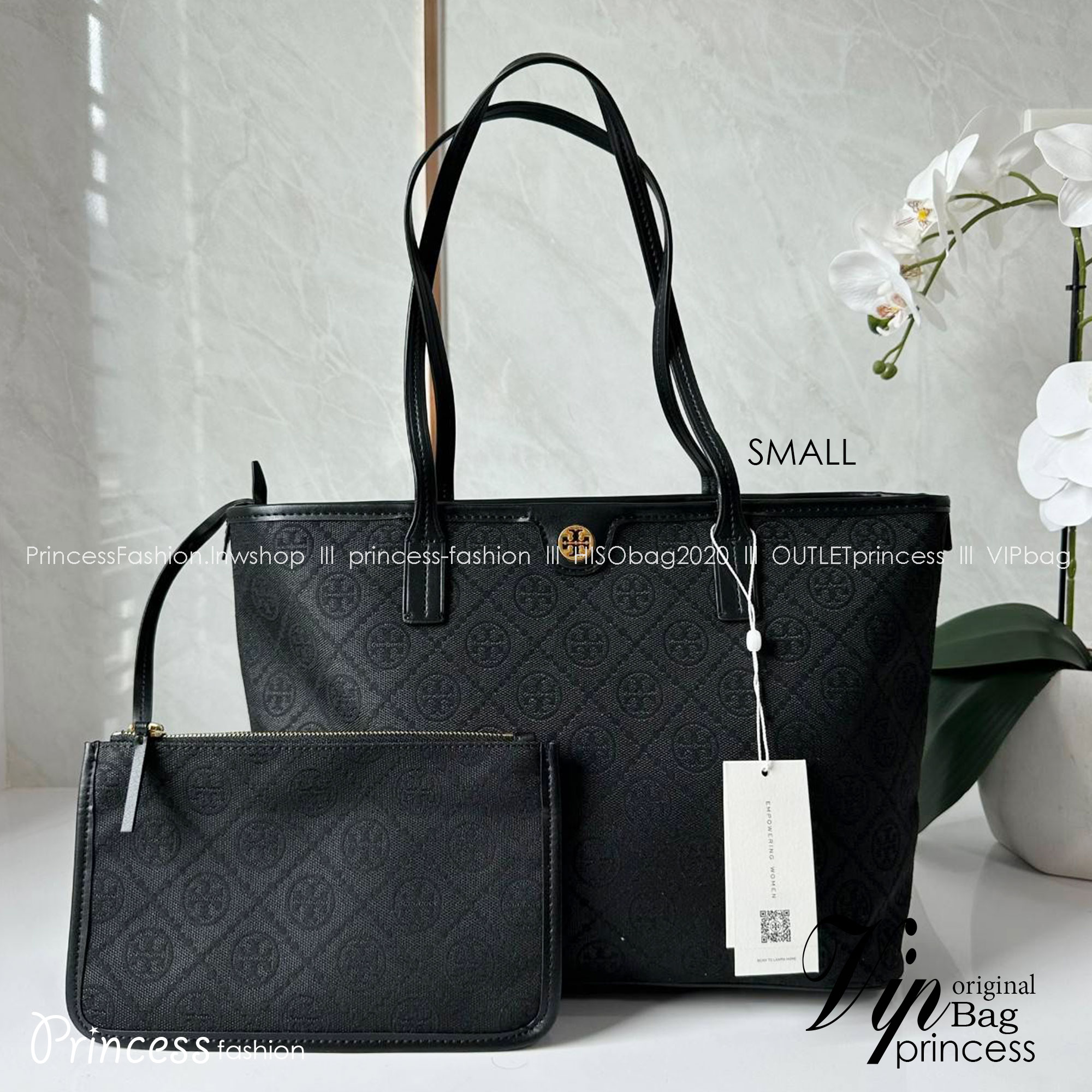 TORY BURCH T MONOGRAM SMALL ZIP TOTE (ใบเล็ก) กระเป๋าทรงโท้ทพร้อมกระเป๋าใบเล็ก วัสดุผ้าแจ็คการ์ดตัดขอบหนัง