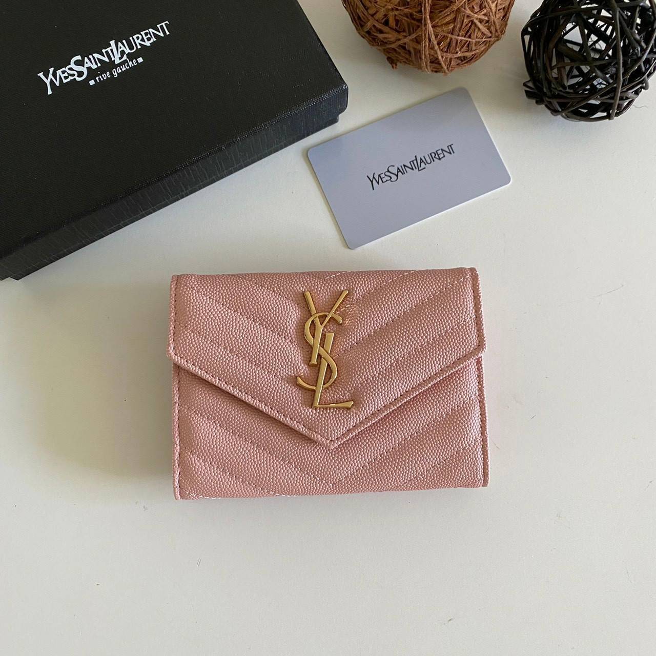 หนังแท้ 12cm YSL SAINT LAURENT GARD HOLDER Small Envelope Monogram Wallet