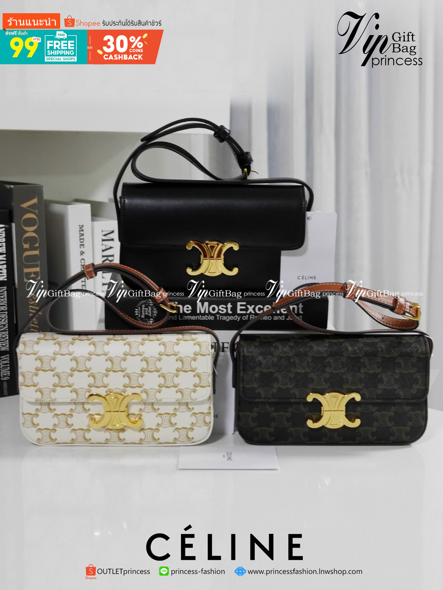 พร้อมส่งที่ไทยแล้วกับ CELINE TRIOMPHE SHOULDER BAG หนังทั้งใบลายสวยหรู ด้านในเปิดด้วยด้วยที่บีบโลโก้อะไหล่ทอง จุของได้กำลังดี ใส่โทรศัพท์ กระเป๋าสตางค์ใบสั้น ของจุกจิกได้ เหมาะกับสาวๆในวัน
