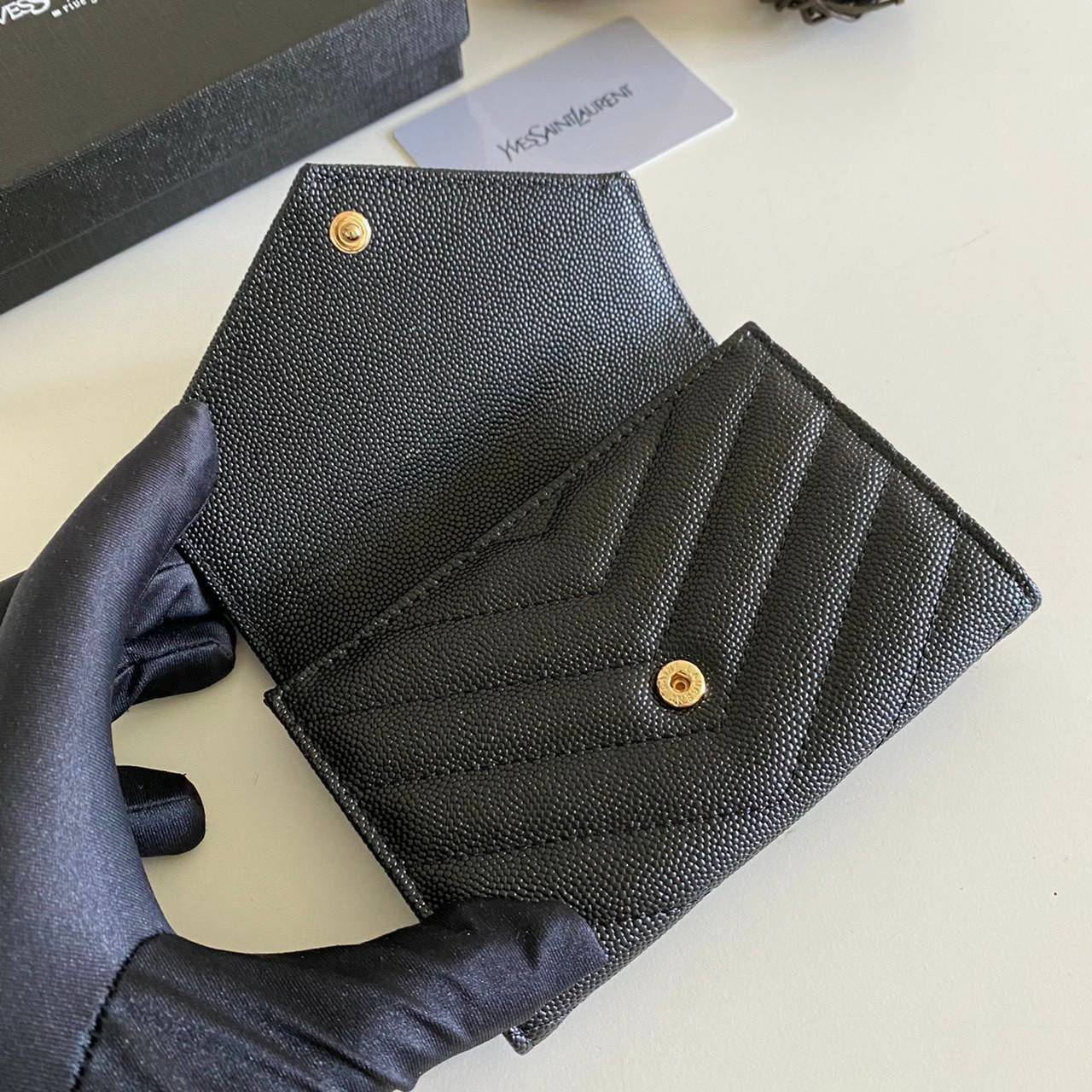 หนังแท้ 12cm YSL SAINT LAURENT GARD HOLDER Small Envelope Monogram Wallet
