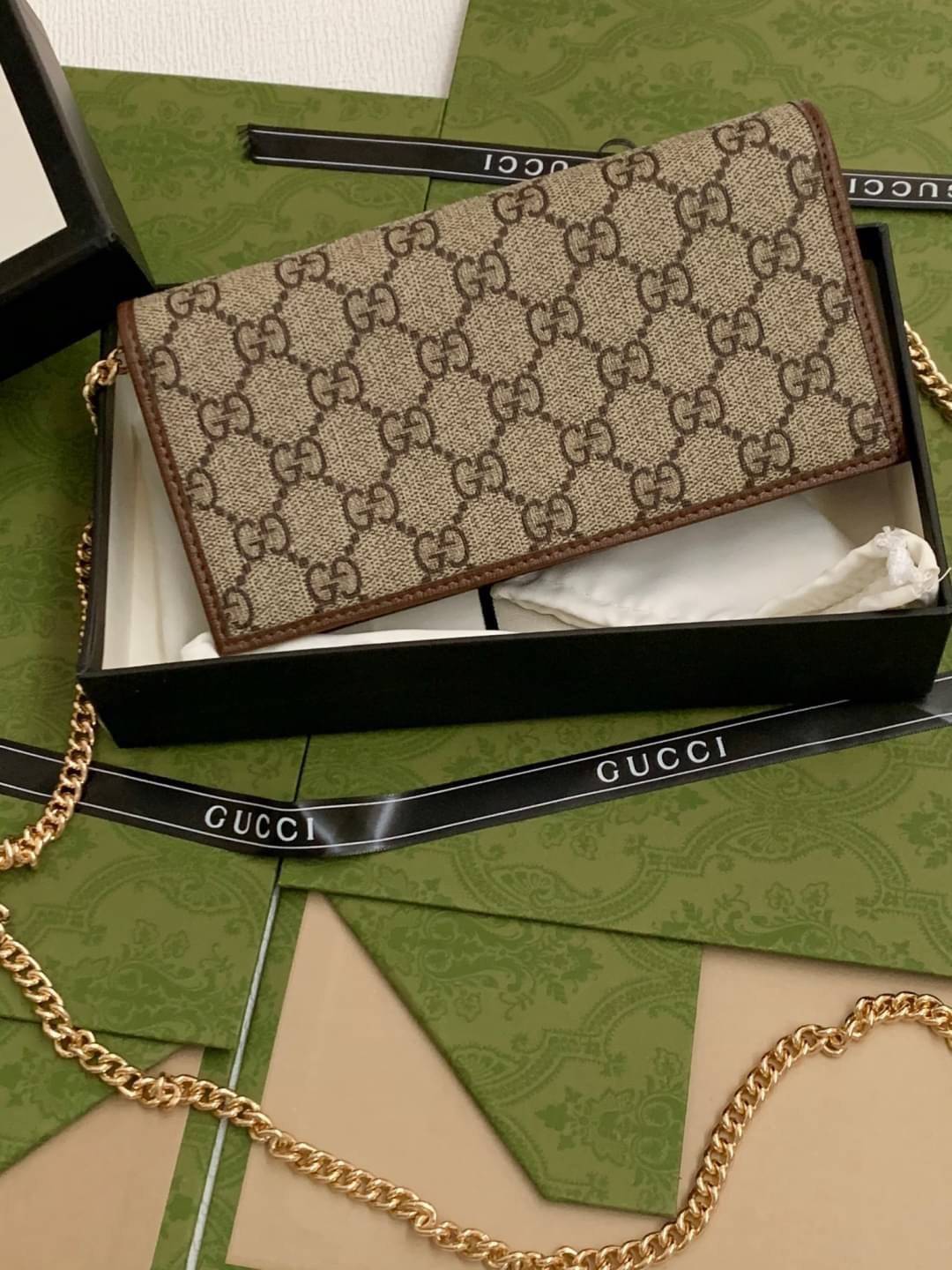 VIP 】GUCCI 1955 Horsebit PRINT GG Unisex Wallet Crossbody With Chain กระเป๋าสตางค์ใบยาวคล้องไหล่หนังแท้ [Box set]
