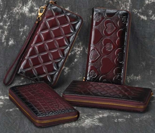 กระเป๋าสตางค์หนังแท้ ทรงยาว แบบ ซิปรอบ สีน้ำตาลแดง burgundy 4 สี 4 สไตล์ ลายหัวใจ ลายนวม 617694