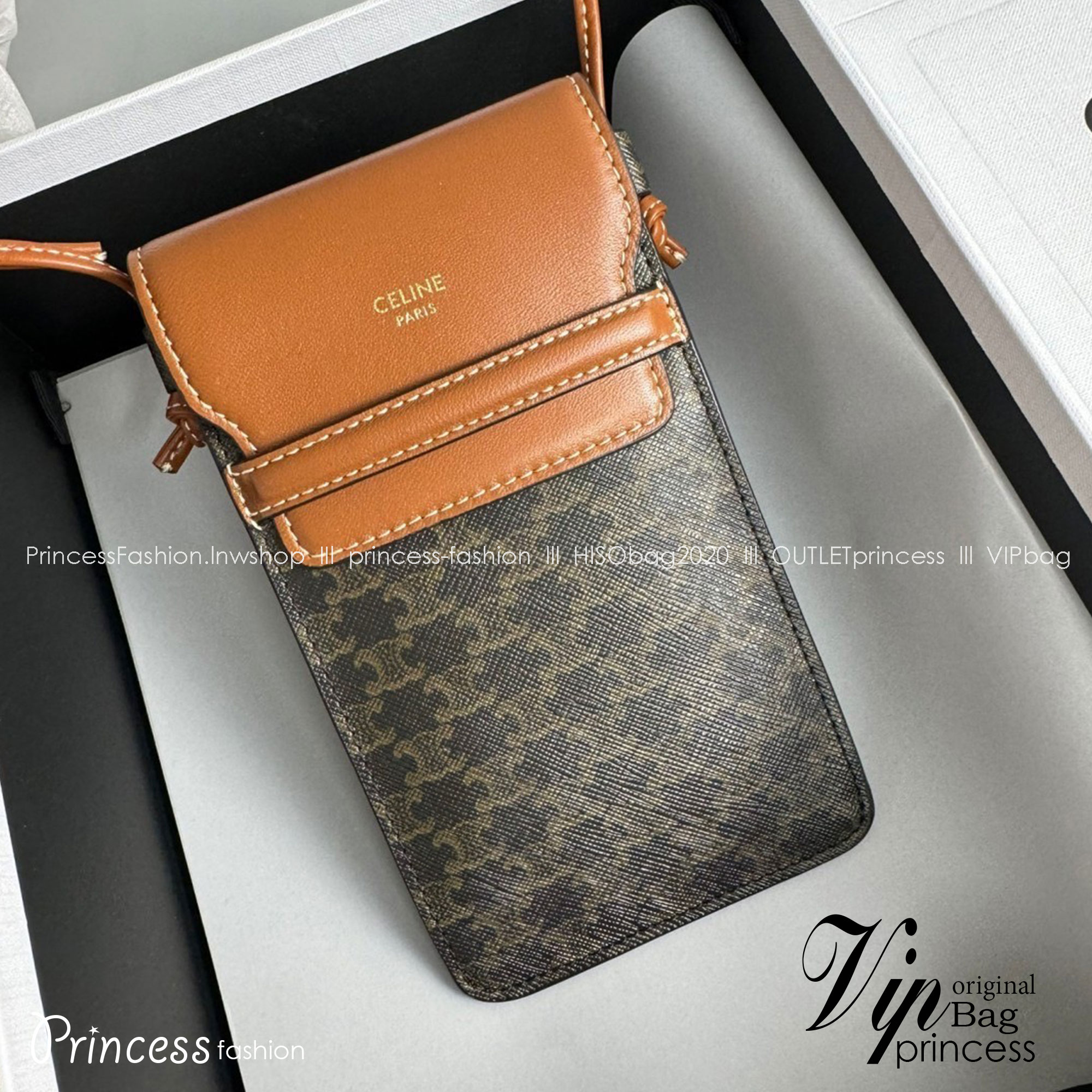 CELINE PHONE POUCH WITH FLAP IN TRIOMPHE CANVAS AND LAMBSKIN กระเป๋าใส่โทรศัพท์ เกรดท็อปออริจินอล 1:1 สลับแท้