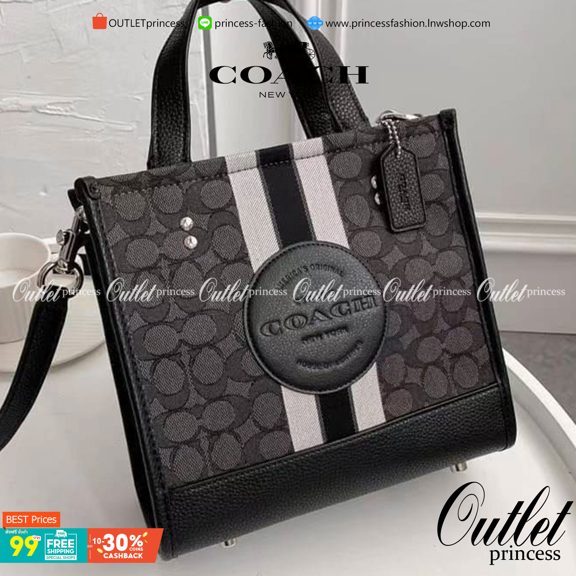 OUTLET 】COACH DEMPSEY TOTE 22 IN SIGNATURE JACQUARD WITH STRIPE AND COACH PATCH (COACH C7083) SILVER/BLACK SMOKE BLACK MULTI สีใหม่ น่าใช้อีกแล้ววว โทนดำคลาสสิกมากๆค่ะ กระเป๋าTOTE ทรงฮิตขนาดกำลังดี มีสายสะพายยาว ถอดได้ ปรับระดับได้ //ลุคไหนๆจัดว่าเกิดทุกง