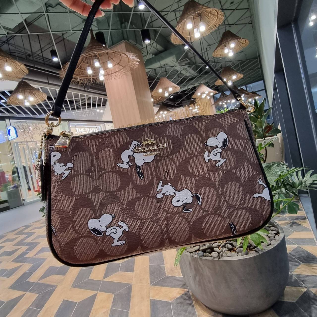 OUTLET 】COACH F36674 TOP HANDLE POUCH IN SIGNATURE WITH SNOOPY PRINT คอลเลคชั่นใหม่ ในสไตล์พอช มาให้ช้อปก่อนใครในไทยจ้า น่ารักน่าใช้ไปอีกกับกระเป๋าสะพายทรงฮิตตลอดกาล ด้วยดีไซน์ที่ออกมาให้ใช้งานได้ง่าย ขนาดกำลังเหมาะ วัสดุแคนวาสทนทาน ดีไปหมดขนาดนี้!! คุณลู