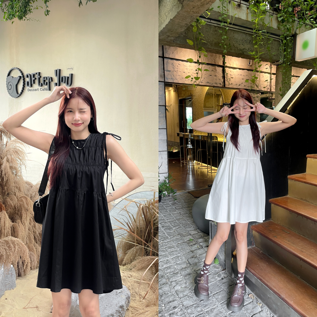 MIME - Sugar Bow Dress เดรสแขนกุดทรงหลวมดีไซน์น่ารักด้วยดีเทลริบบิ้นผูกไหล่