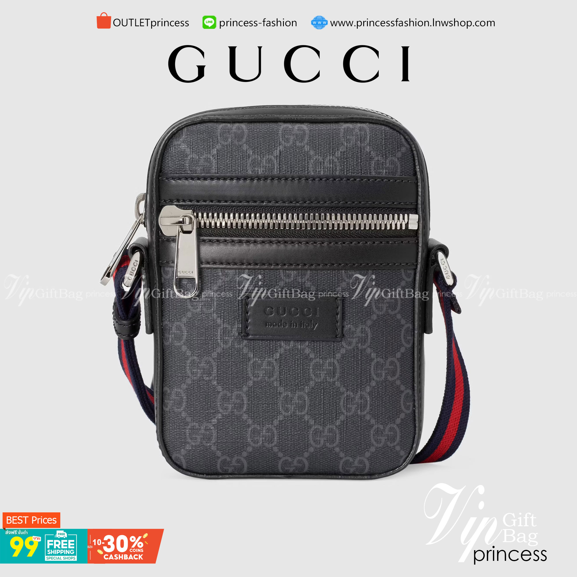 VIP GIFT 】หนังแท้ GUCCI GG Black messenger Crossbody ขนาดเล็ก ทรงแนวตั้ง มีช่องให้ใส่ของได้อยู่ 2 ช่อง เป็นซิบรูดเปิดปิดด้านบน และด้านหน้า โดดเด่นด้วยลวดลายกระเป๋าที่ ใช้ตัวโลโก้ของ GUCCI มาทำเป็นแพทเทิร์น ซึ่งกระเป๋าแต่ละใบอาจมีตำแหน่งที่แตกต่างกัน แปะตั