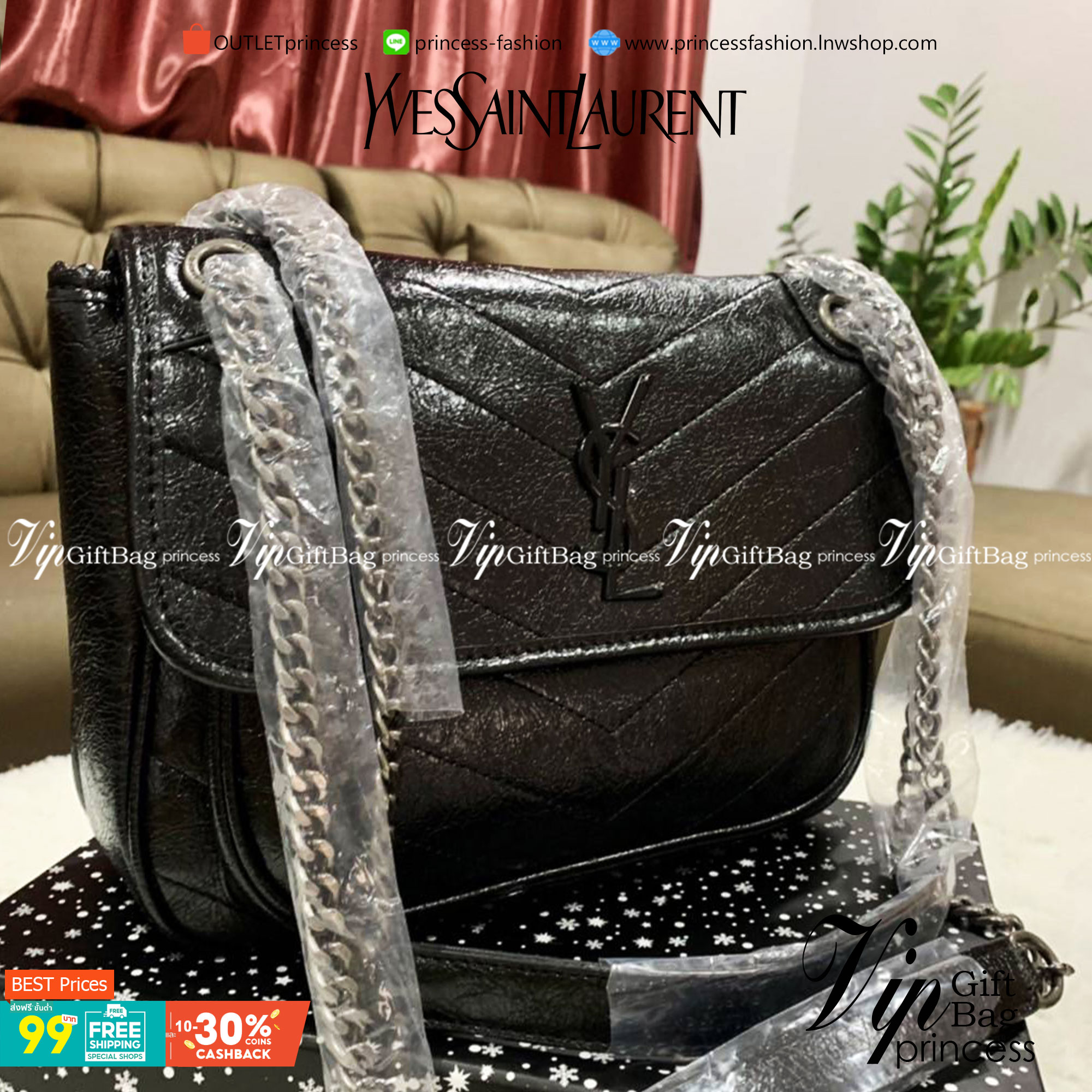 VIP 】Saint Laurent Niki shoulder bag VIP GIFT WITH PURCHASE (GWP) พรีเมี่ยมกิ้ฟ Limited Edition จาก YSL DUTY FREE COUNTER กระเป๋าสะพายรุ่น Niki จาก Saint Laurent โดดเด่นด้วยโครงสร้างทำจากหนังวัว หนังมันเงา นิ่ม งานสวยมากๆ ค่ะ อะไหล่สีดำ ด้านหน้าประดับโลโก