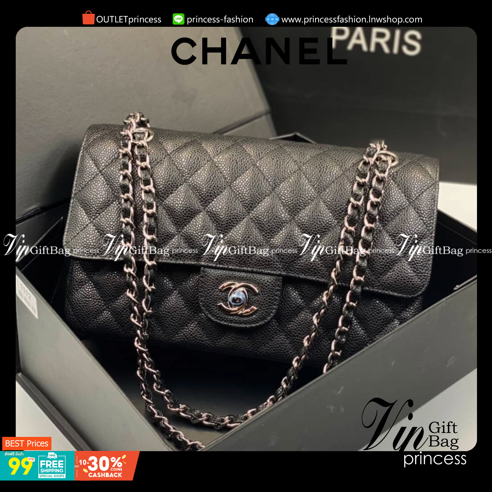 VIP GIFT 】หนังแท้ CHANEL Classic black caviar (อะไหล่เงิน/ทอง) กระเป๋าสะพาย LOOK Cool ใบนี้ ไม่มีถือว่า Out มากๆ ไม่ต้องพูดถึงความสวยเยอะ เพราะยอดขายถล่มทลาย ไม่มีไม่ได้แล้วค่าา